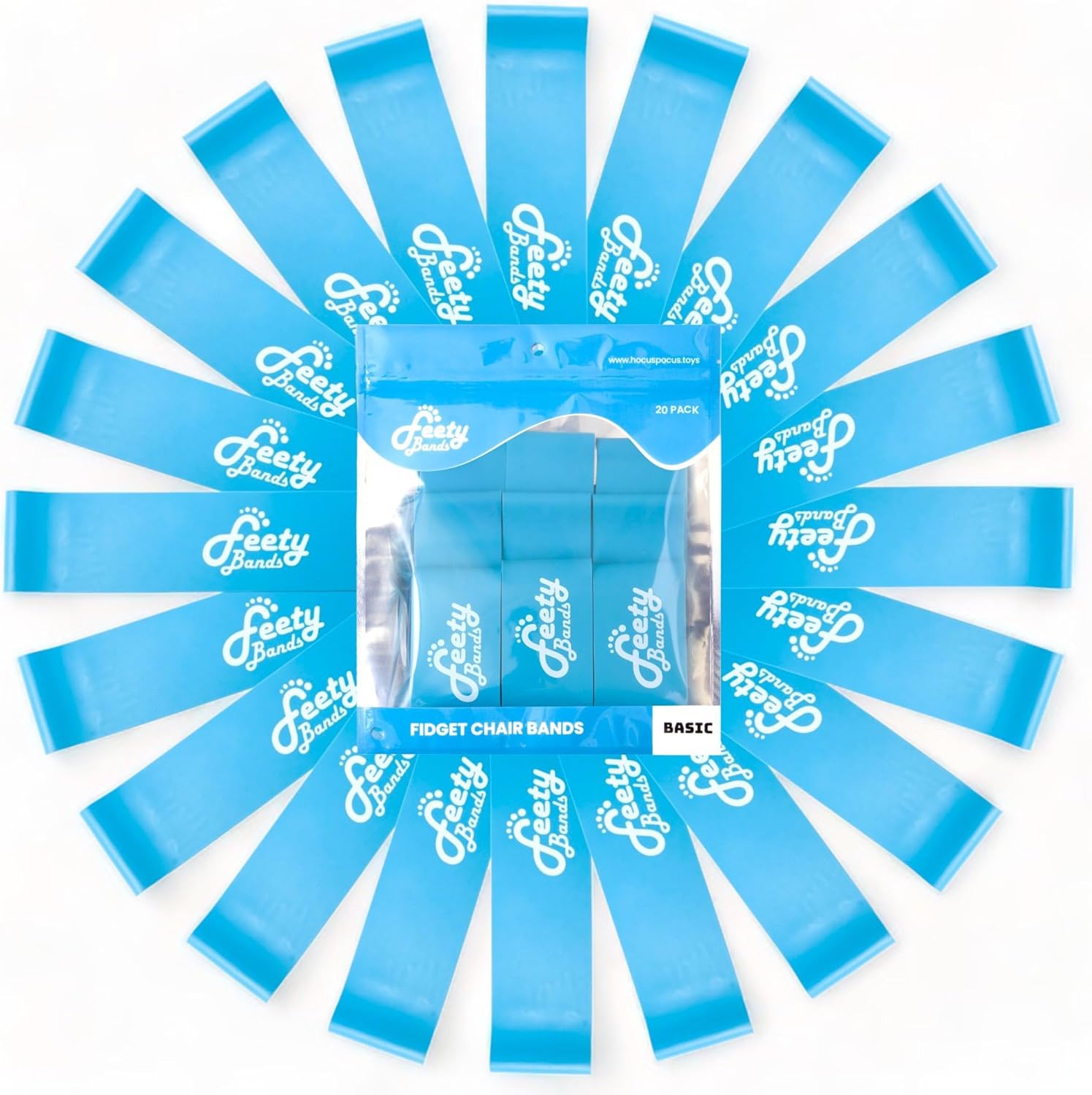 Feety Chair Bands for Kids with Fidgety Feet (20-Pack) - ADHD Fidget Bands for Chairs - Desk Bands for Students - Bouncy Chair Bands for Flexible Seating Classroom - Feety Bands Basic (Original Blue)