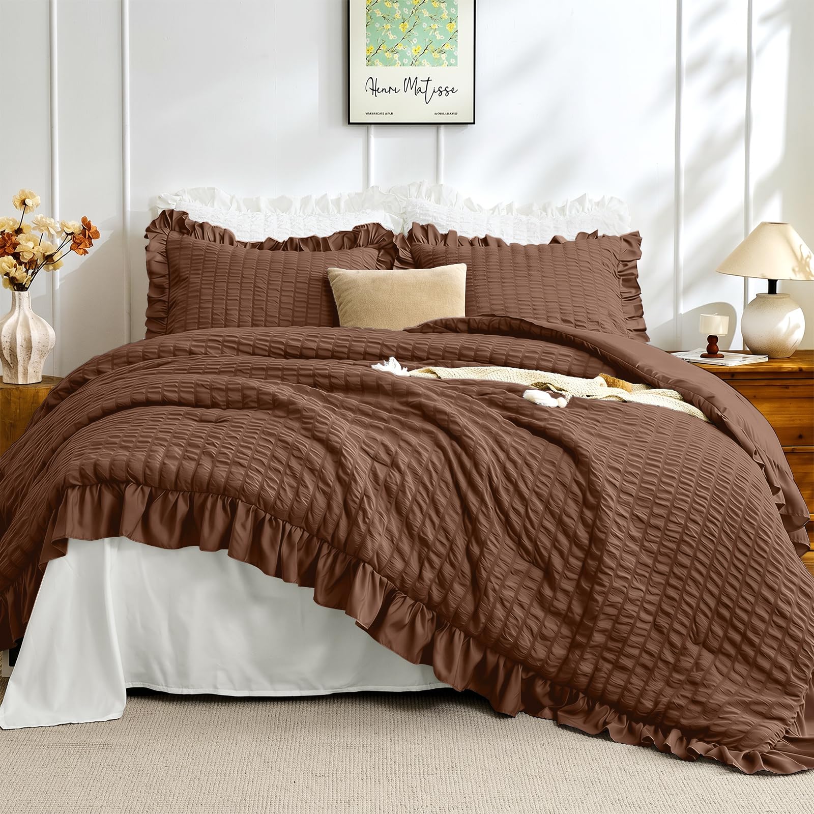 JOLLYVOGUE Dark Brown Queen Comforter Set,3pcs Ruffle Seersucker Bed Set