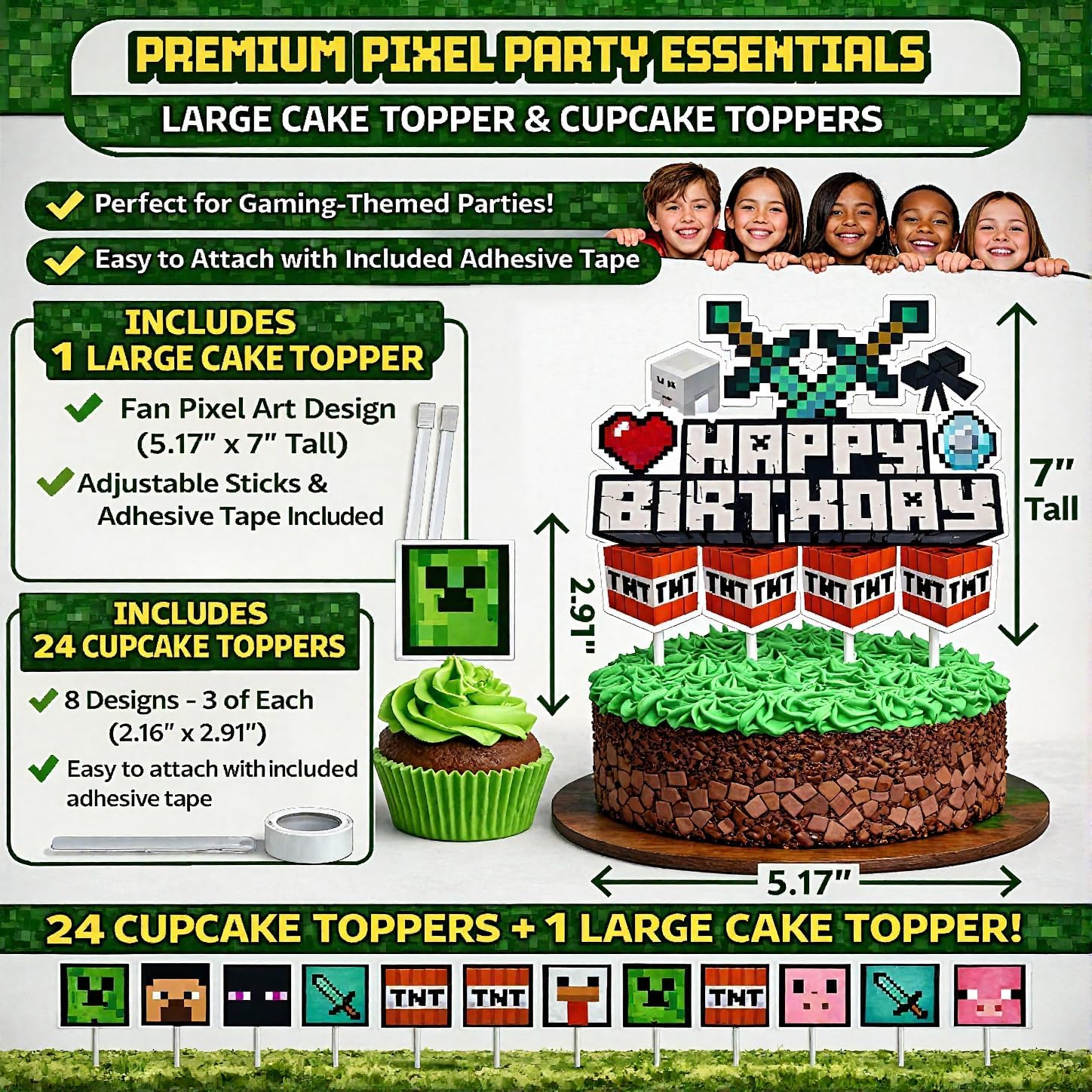 Pixel Game Birthday Party Decorations - Miner Supplies Set Gaming Theme - Including Banner Balloons Tablecloth Plates Toppers Napkins Favor Bags - Mining Bday Pack Craft Decor Kit Boys Girls
