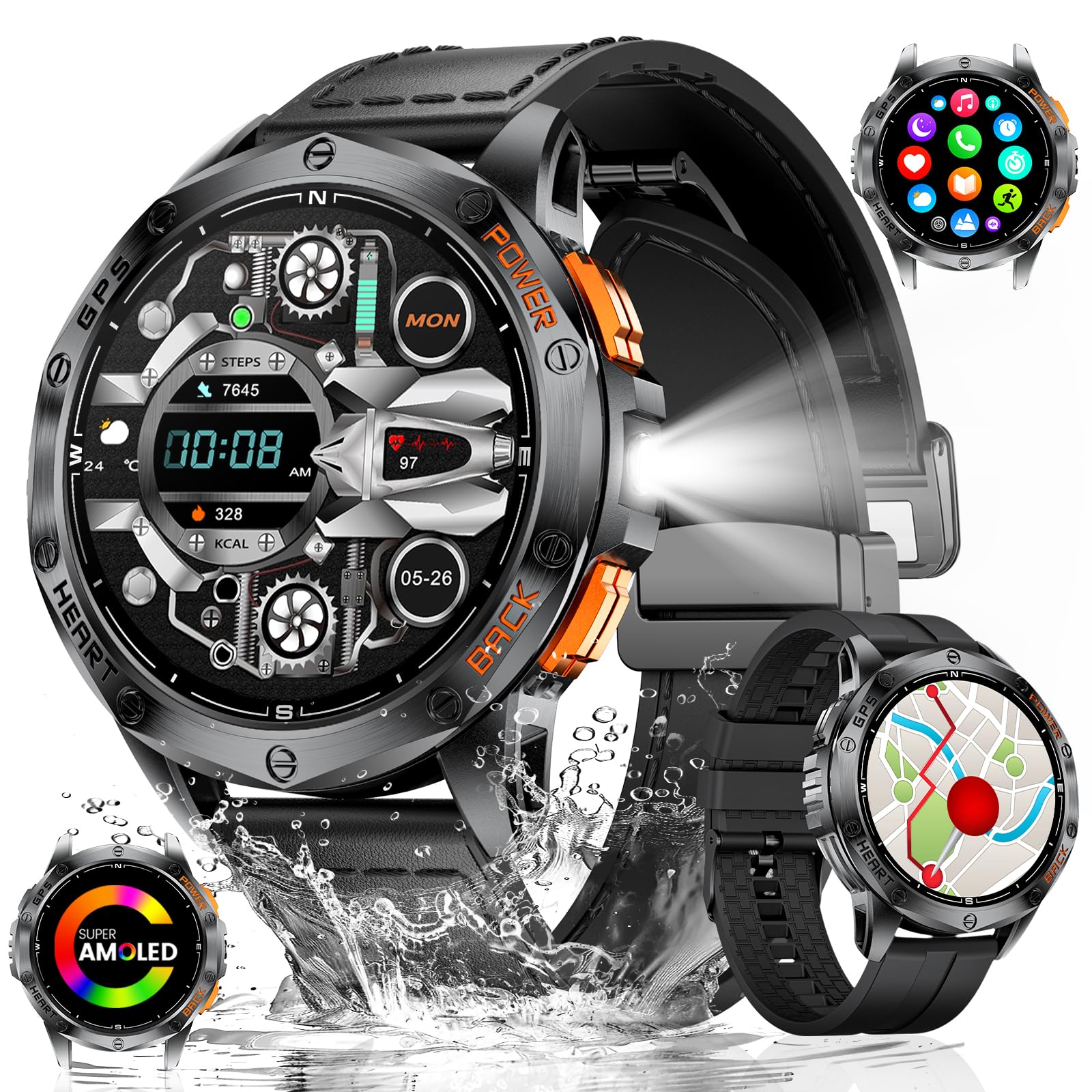 ESFOE Smartwatch Uomo GPS Militare Impermeabile 10ATM con Torcia LED 1,43" AMOLED Display Rugged Smartwatch Orologio con Chiamate Bluetooth, Altitudine, Pressione, Bussola, 530mAh per Android iOS