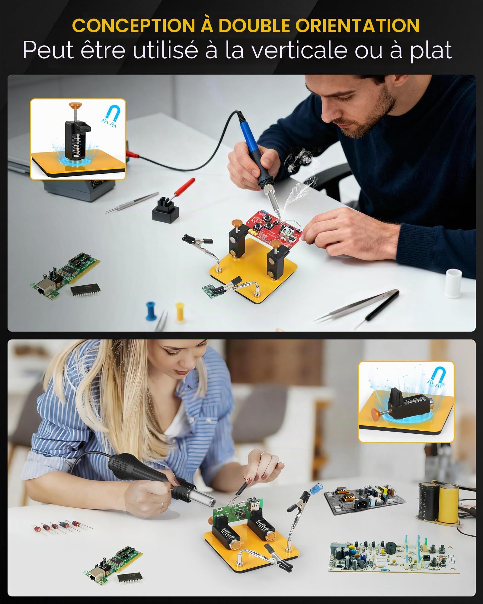 Troisième Main Soudure – Double Étau Bord Pcb Libre, 2 Bras Flexibles 360° Third Hand Pcb Holder – Support Pcb Soudure pour Électronique, Bijouterie & Smd