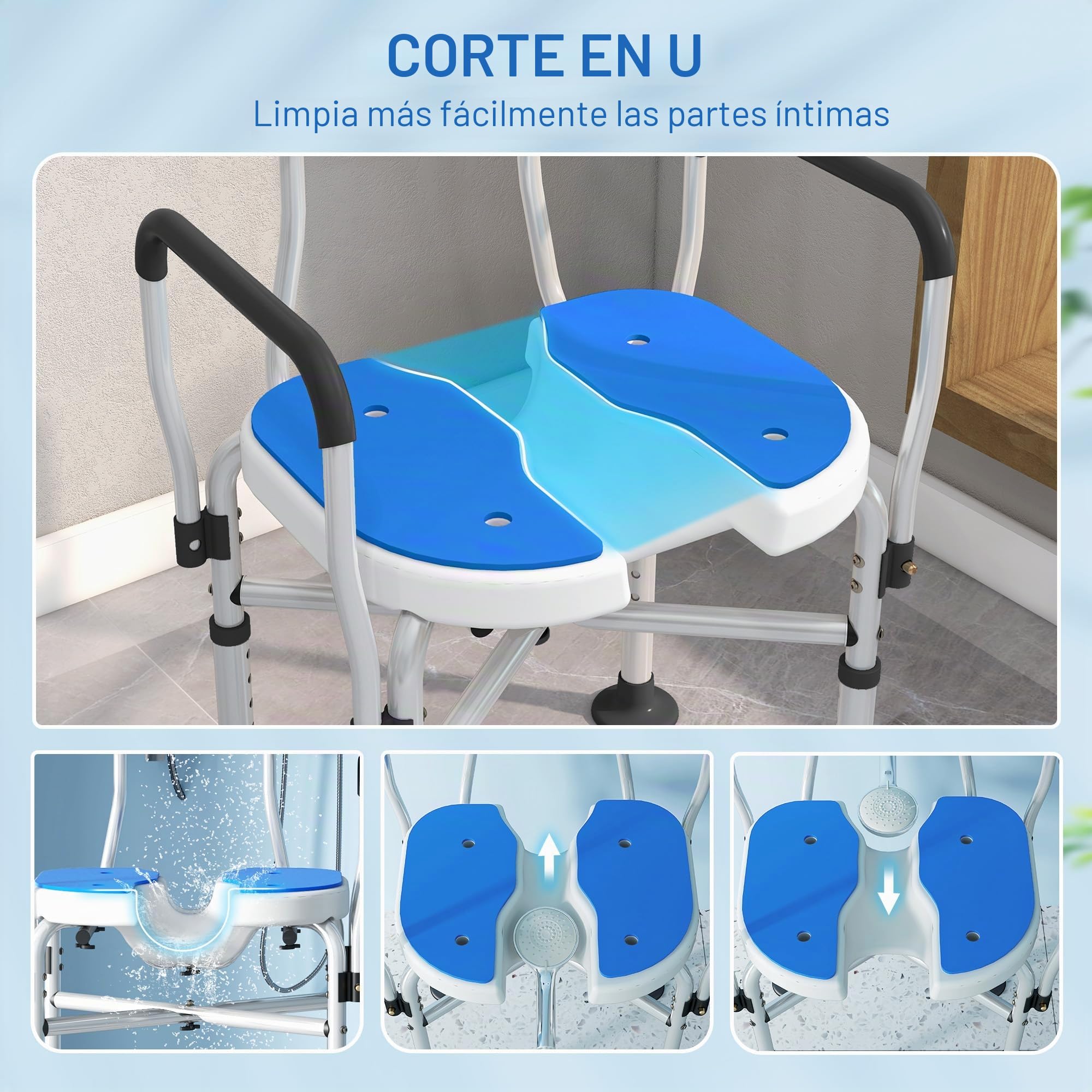 HOMCOM Silla Ducha Personas Mayores con Asiento Ranurado, 136 kg Azul | Silla de Ducha, Altura Regulable, Taburete de Baño Antideslizante, Respaldo y Reposabrazos, para Discapacitados