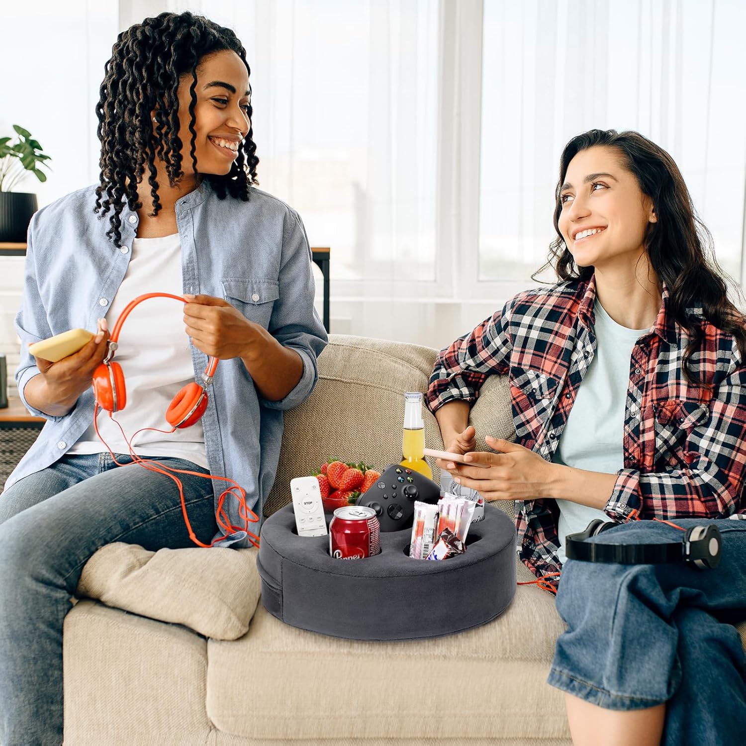 WILLOW WEAVE Couch Cup Holder Pillow 7 in 1 Console，Bed Drink Pillow, Cup Sofa Caddy, Cozy Couch Buddy for Couch, Bed, Car, RV, Beach - Grey