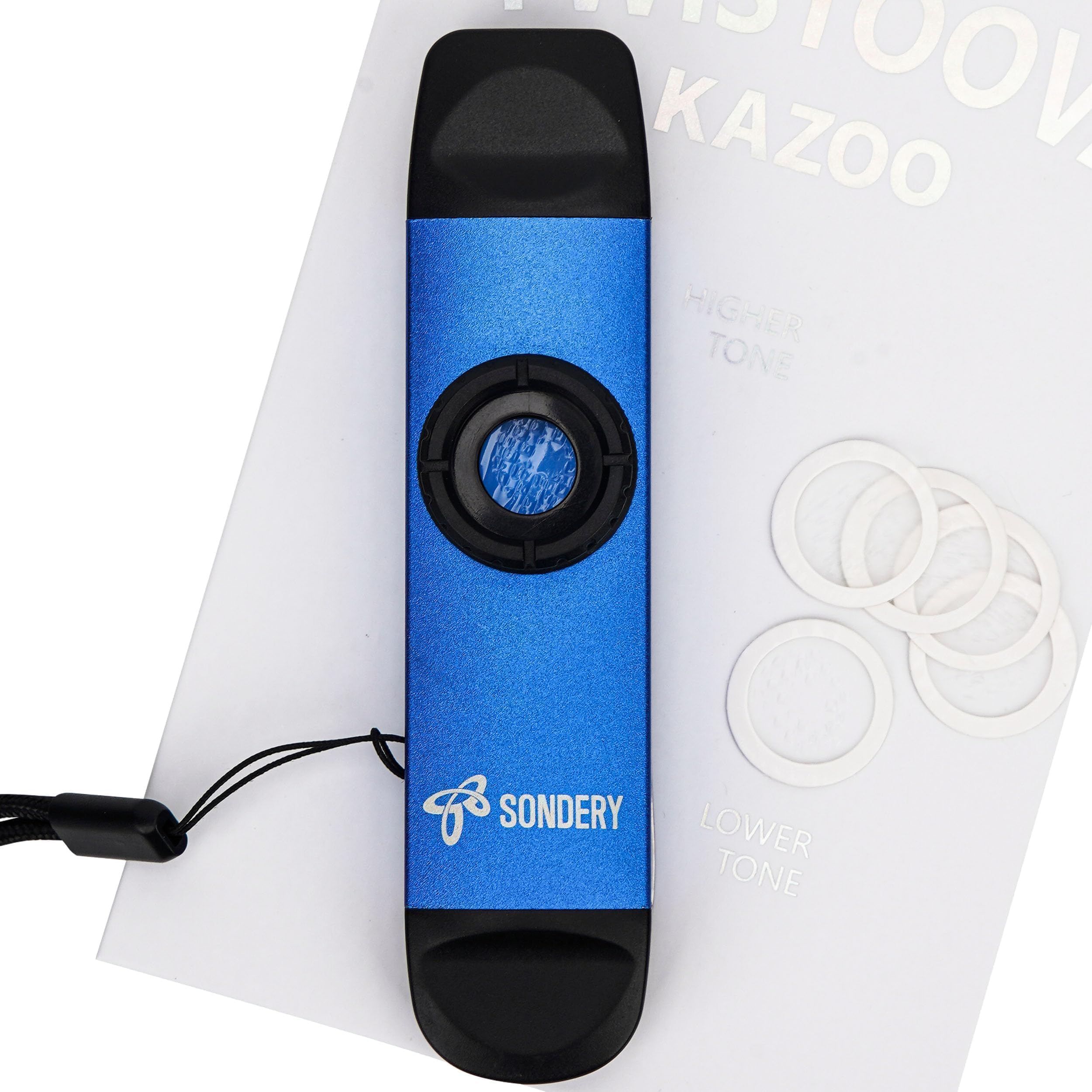 Sondery Kazoo professionnel en métal, kazoo à double tête avec cordon et 5 membranes pour tous les âges et occasions, bleu
