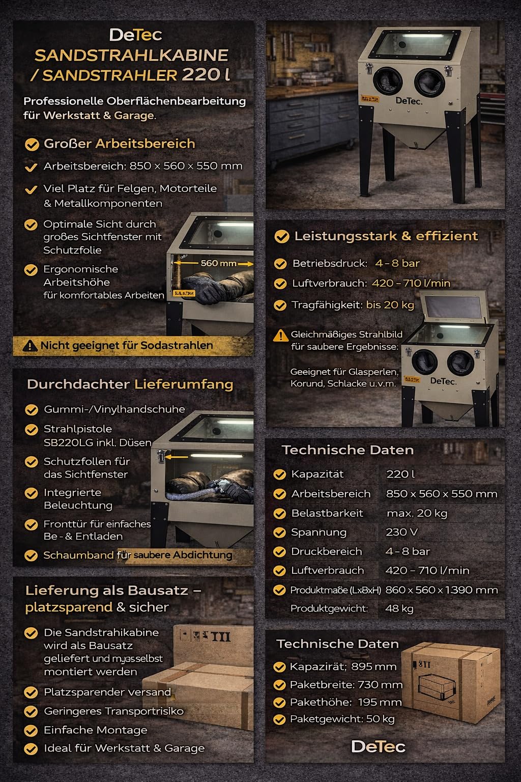 DeTec - Cabina de chorro de arena de 220 l para taller y garaje, 4-8 bar, 230 V, con iluminación, guantes y kit de boquillas, cabina de chorro
