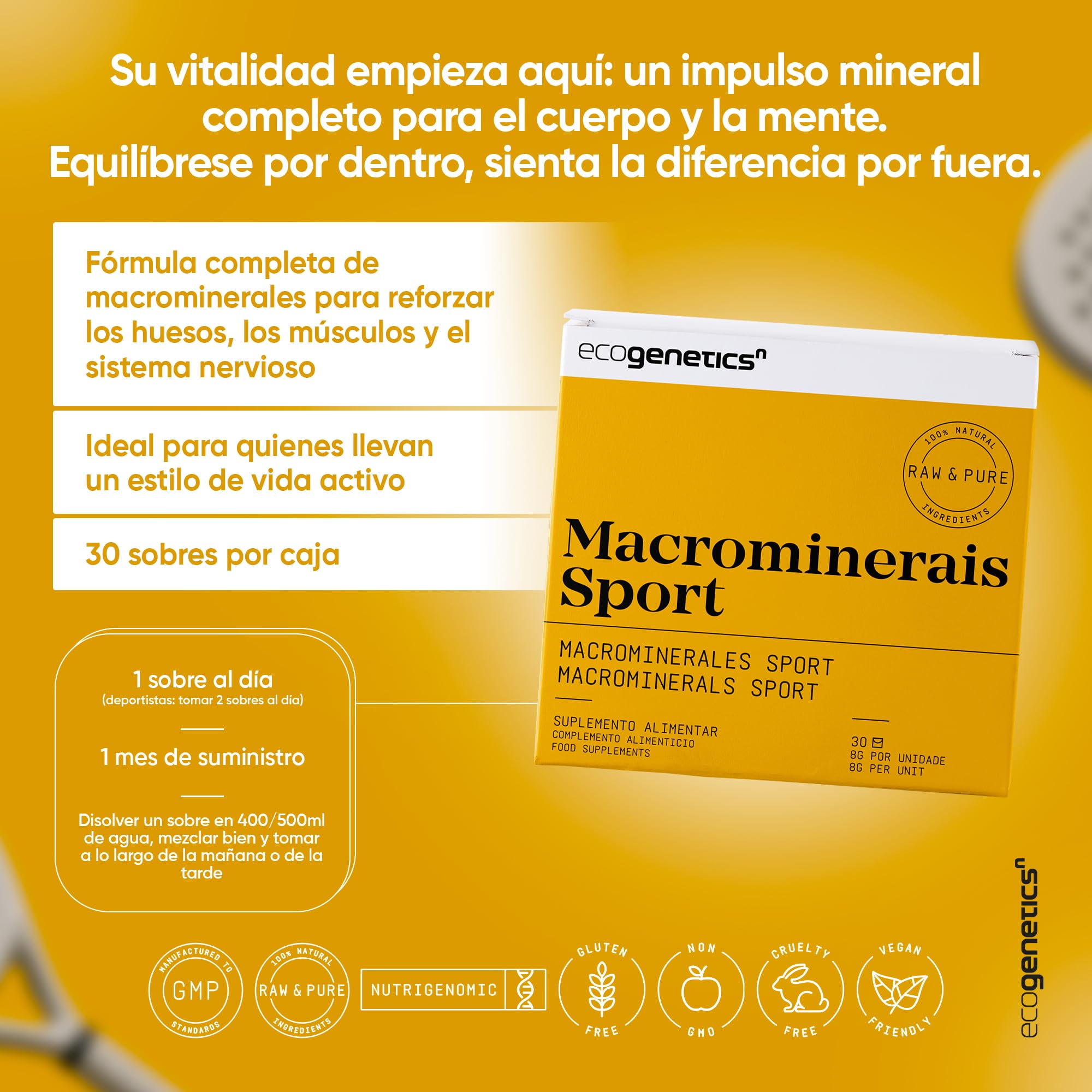 ECOGENETICS - Macrominerales Sport 30 Sobres | Suplementos Deportivos para Atletas | Mejora Rendimiento y Recuperación | Vitaminas para las Articulaciones y Huesos | Multivitaminas contra el cansancio