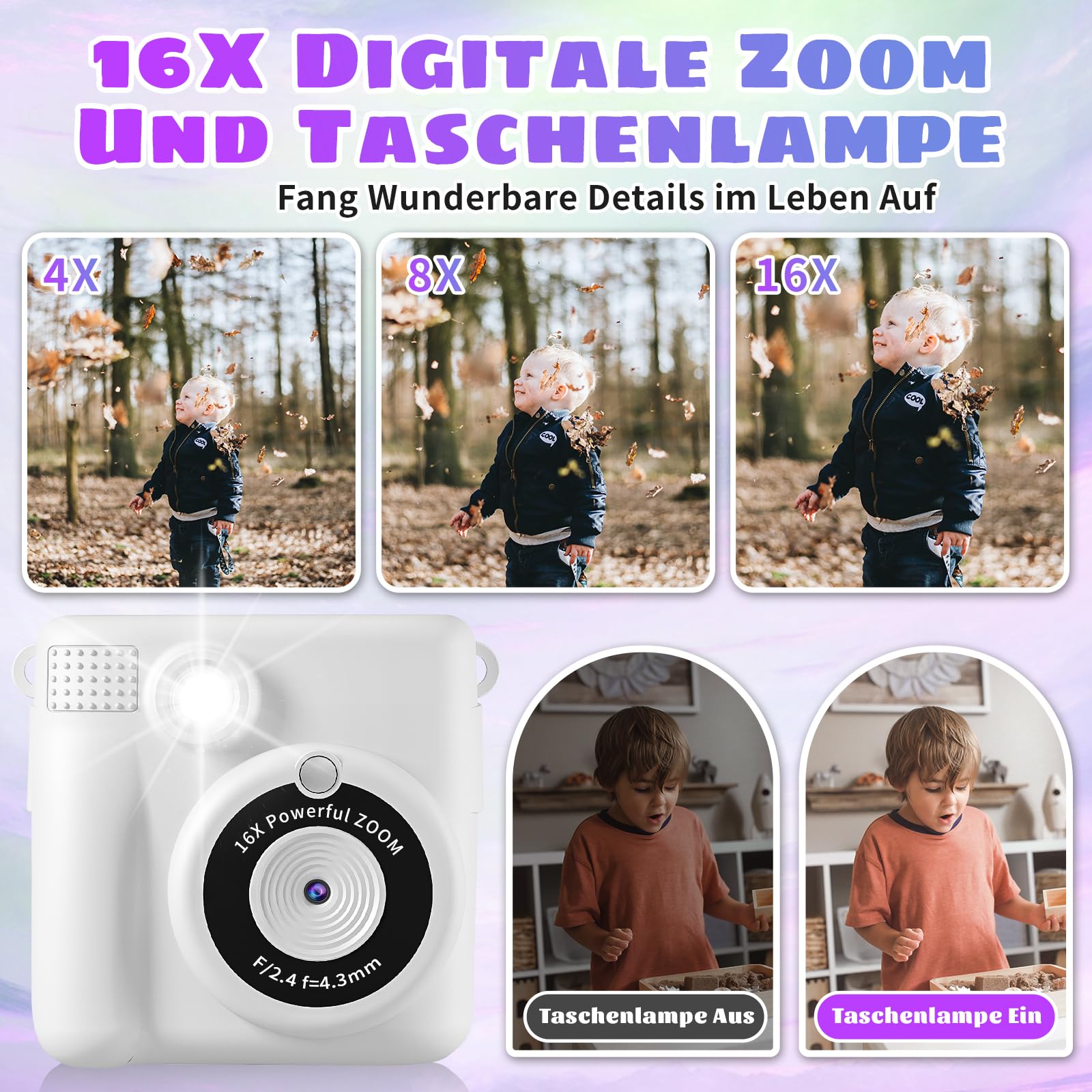 Macchina Fotografica Bambini Istantanea, 2.4 Pollici 1080P HD Fotocamera Istantanea Bambini, Fotocamera Digitale con 32GB Card & Carta da Stampa, Regali per Ragazze Ragazzi 3-14 Anni -Bianco