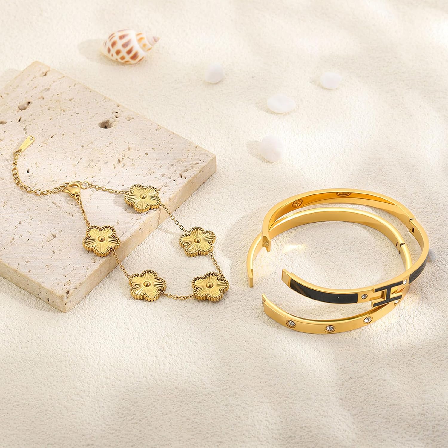 Gold Clover Bracelets for Women - 18K Gold Plated Stainless Steel Dainty H Bangle Bracelets| Daily & Party Wear Jewelry, Easter Christmas Mothers Day Gifts - Image 9