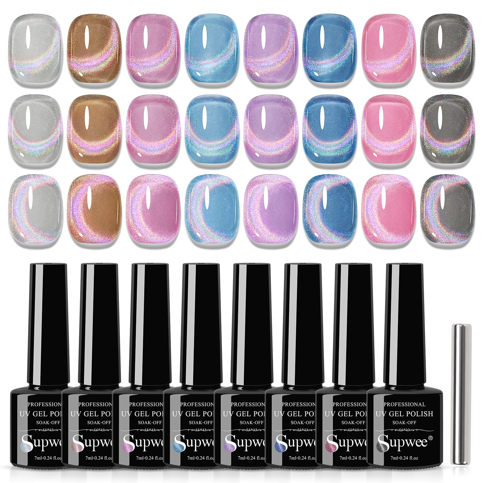 SUPWEE Rainbow Cat Eye Nail Gel Polish Set, Sparkle Holographic 9D Cateye Nail Polish Gels Magnetic Gel Soak Off Lamp Gels Varnish Nail Salon Kit (