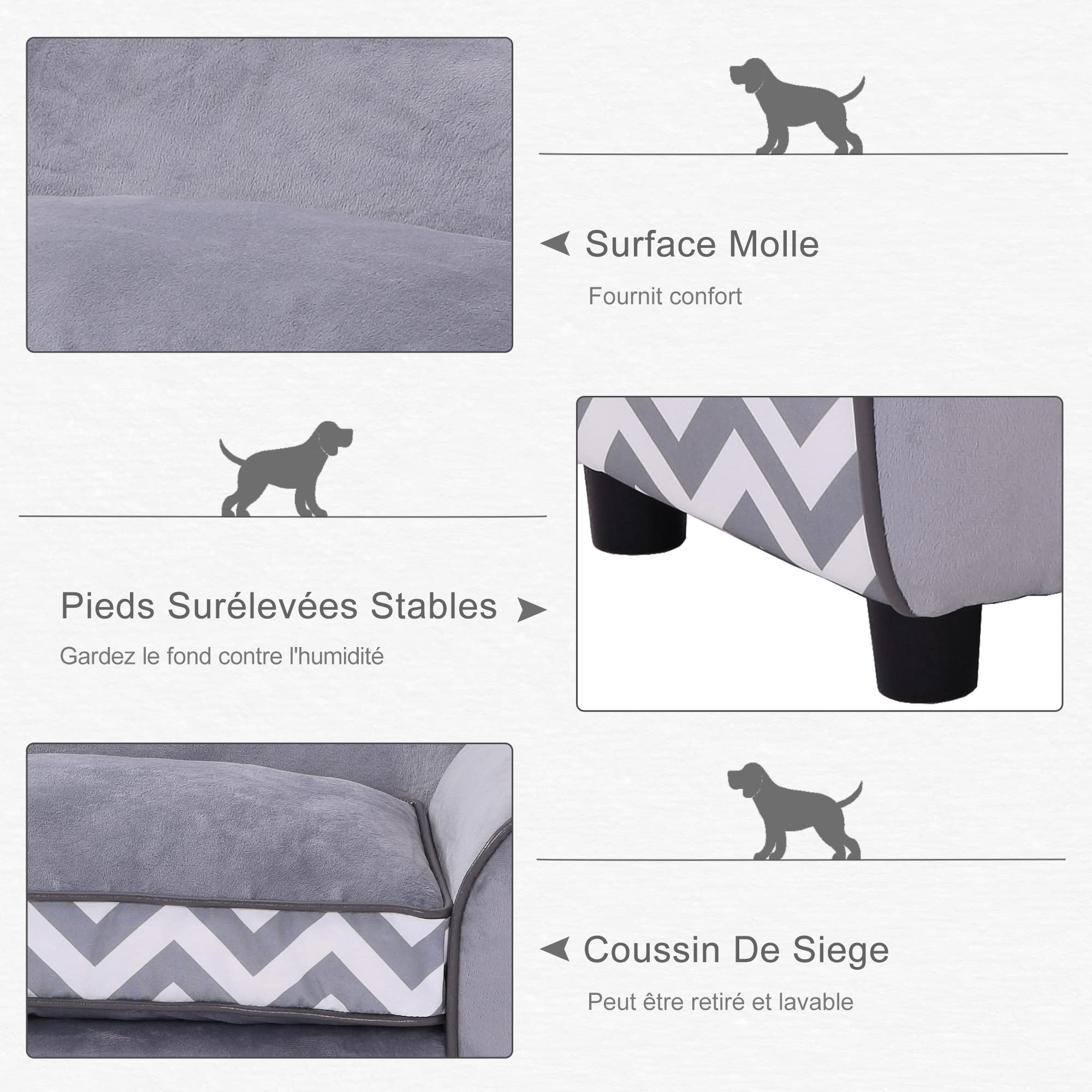 PawHut Canapé Chien Chat sur Pied Style Graphique Contemporain Coussin Amovible Lavable Grand Confort 74L x 41l x 33H cm Gris Blanc