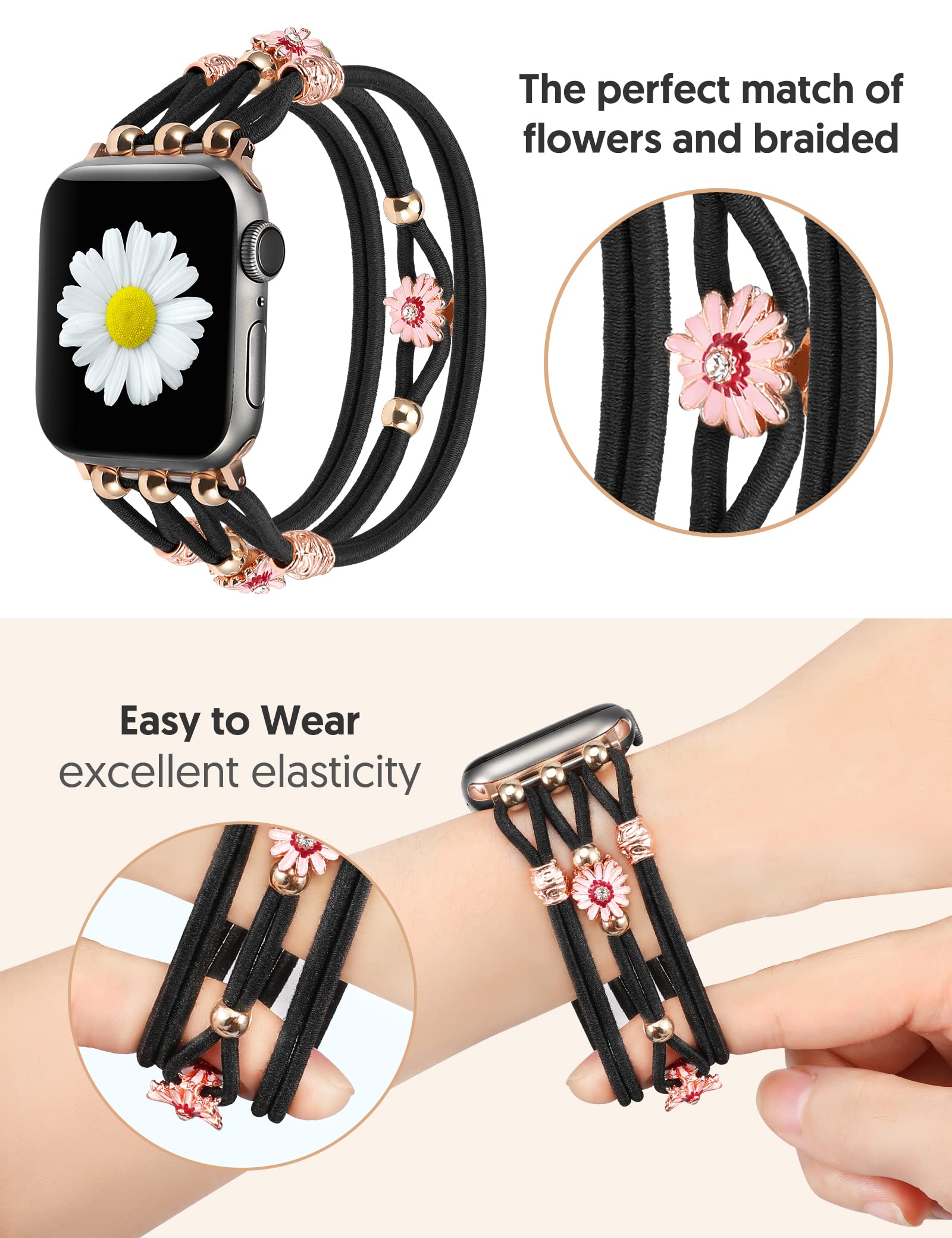 TOYOUTHS Floral Bracelet Compatible with Apple Watch Band 41mm 40mm 38mm Women Girls, Boho Beaded Flower Braided Elastic Stretchy Cute Fancy Dressy Strap for iWatch Series 9/SE/8/7/6/5/4/3/2/1, L