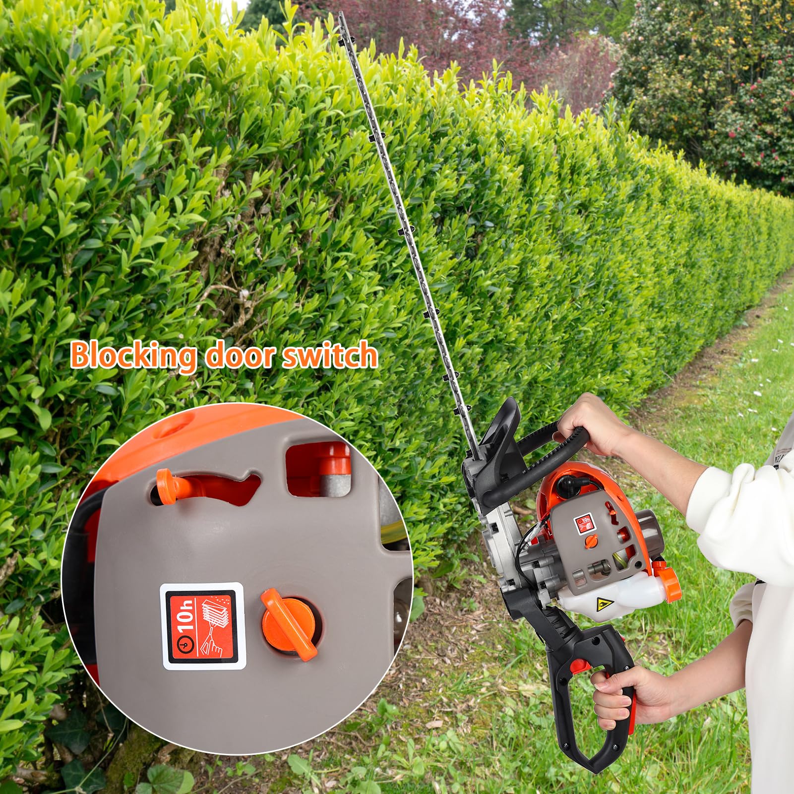 Cortasetos de gasolina de 26 cc y 7500 rpm con mango principal giratorio de 180°, cortador de setos de 2 tiempos con cuchillas de doble acción de 24 pulgadas, cortador de arbustos de gas con