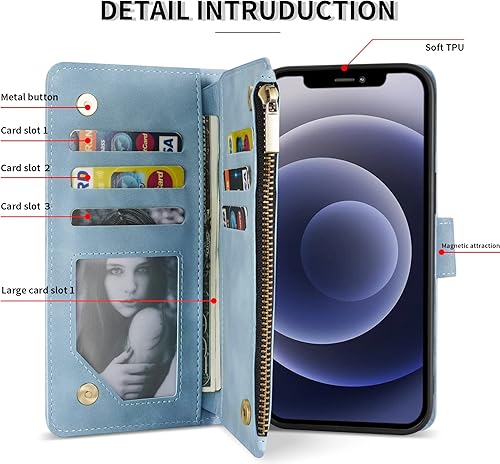 Miniatura 4 de ZZXX Funda tipo cartera para iPhone 12, funda tipo cartera para iPhone 12 Pro con ranura para tarjetas, de piel sintética suave de alta calidad, con