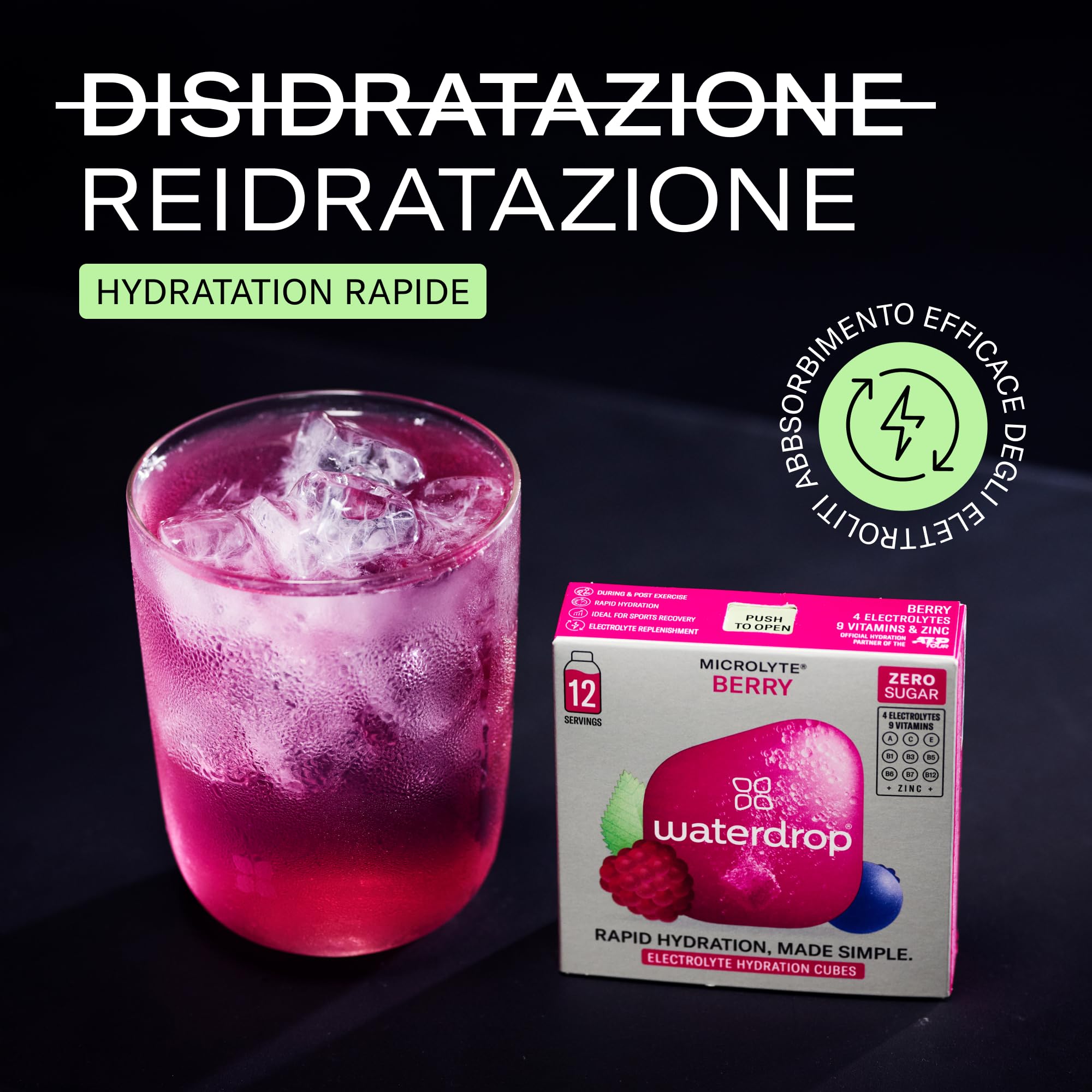 waterdrop® Microlyte BERRY, Sali Minerali: 4 Elettroliti, 9 Vitamine + Magnesio, 12 Cubetti per acqua, Insaporitore Acqua, Baie, Bevanda sportiva senza zucchero, Vegan e Cheto