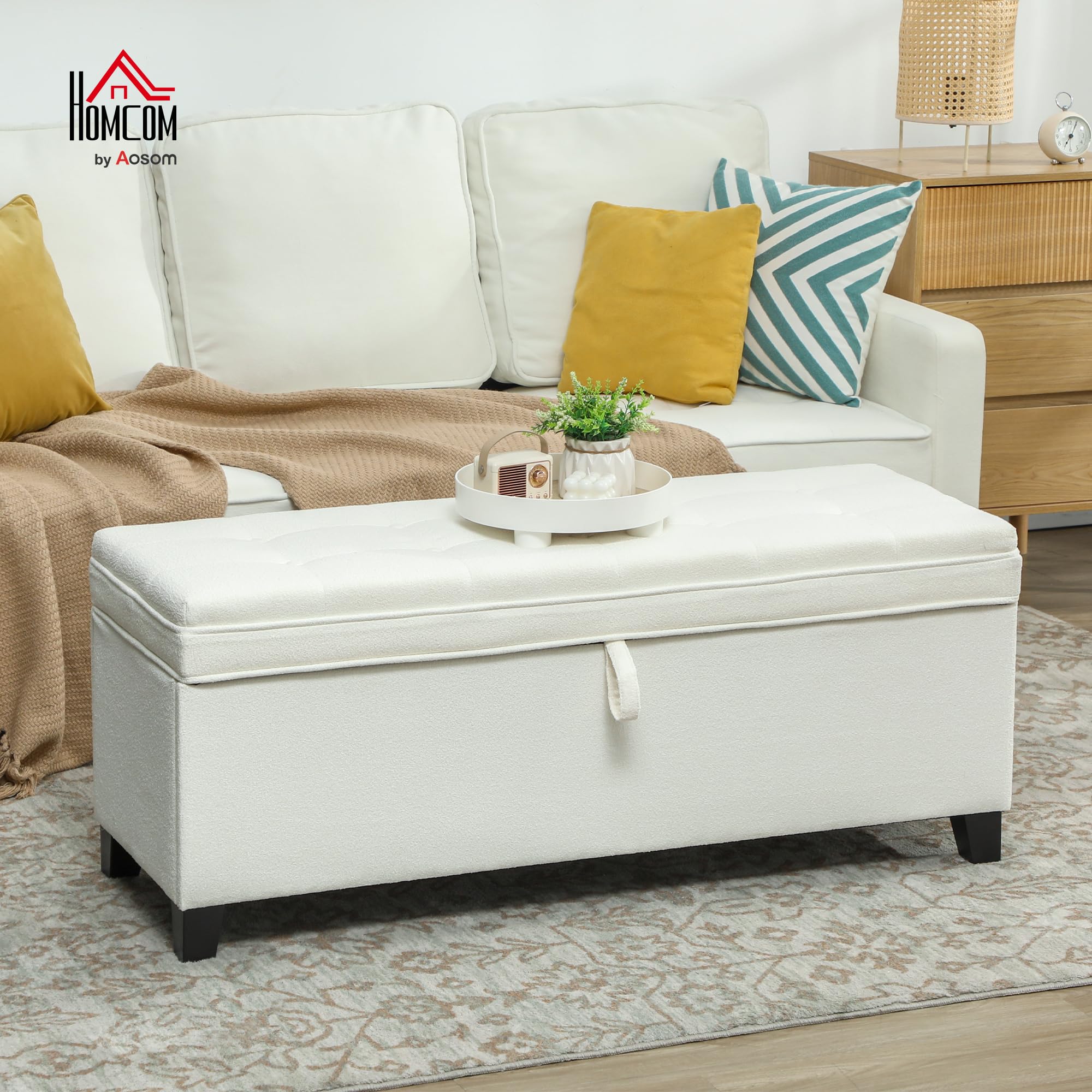 HOMCOM Panca portaoggetti 112L Panca da letto Cassapanca portaoggetti con seduta imbottita, tessuto di lino per soggiorno, camera da letto, ingresso, 120 x 40 x 48 cm, crema