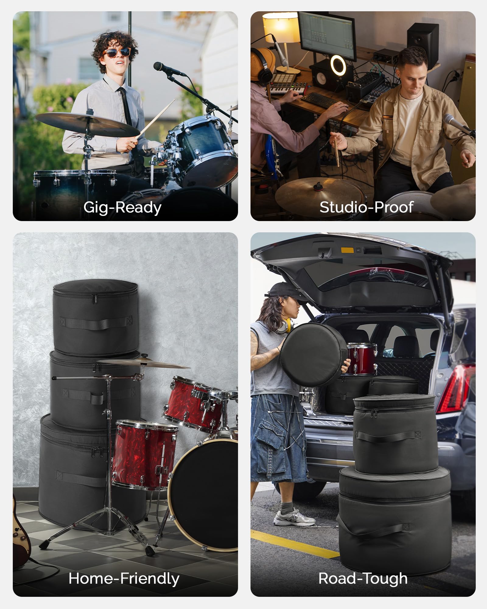Set di 5 custodie imbottite per batteria per batteria da 55,9 cm, 30,5 cm, 33 cm, 40,6 cm e rullante da 14", custodie protettive leggere per batteristi, trasporto di concerti e conservazione a lungo