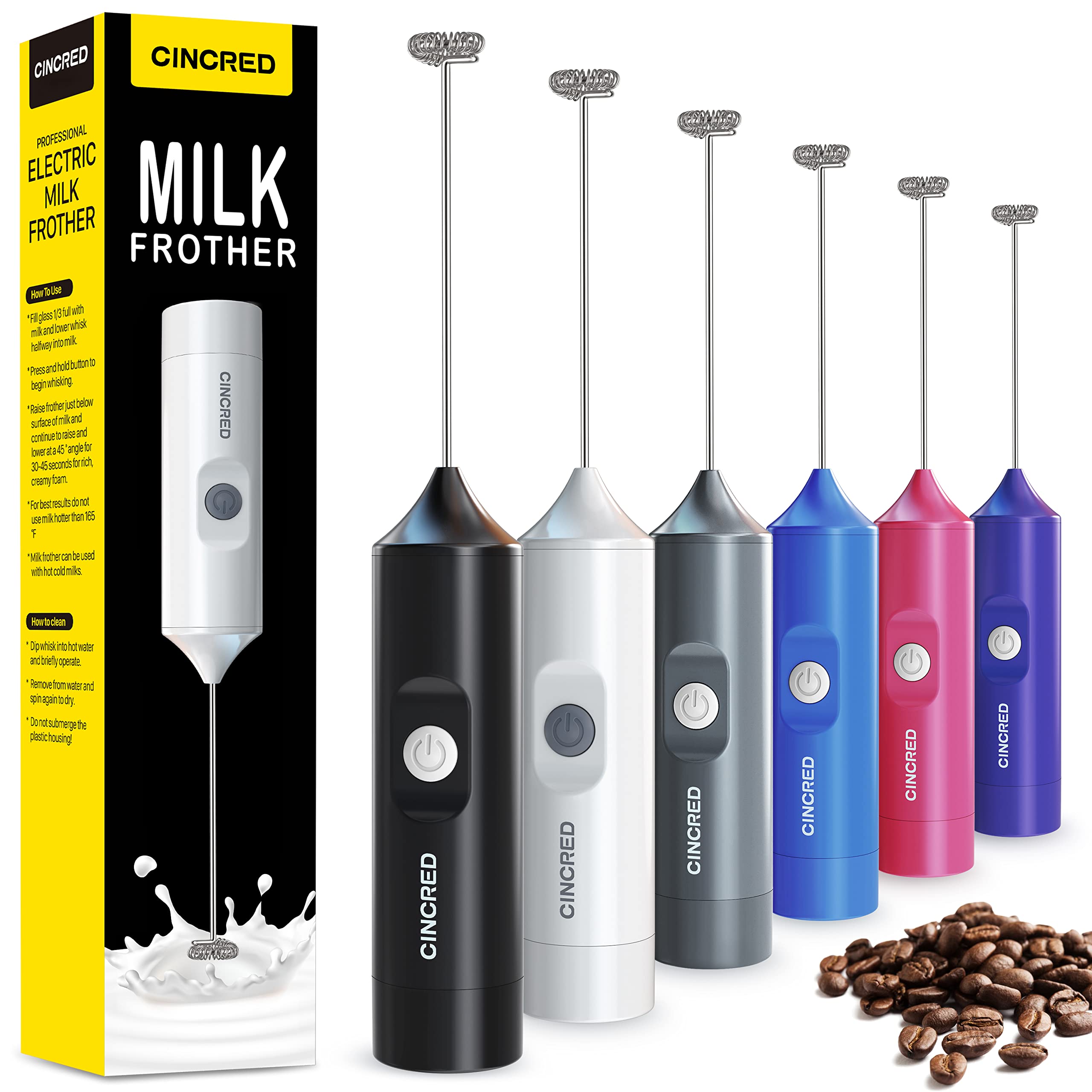 Cincred Milk Frother - Hand Operated Battery Powered Frother for Coffee, Electric Whisk, Foam Maker and Drink Mixer for Your Latte, Cappuccino, Frappe, and Hot Chocolate (White)