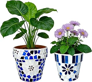 Lily's Home Set of 2 Flowerpots with Mosaic Pattern. Decorative Plant Pots with Drainage Holes for Indoor Outdoor, Perfect for Snake Plants, Succulents,Terracotta. Pots are 4 9⁄10 & 4 ¼ inch Height.
