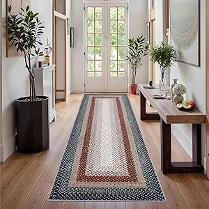 GAOMON Runner Rug 2x6 Braided Print Washable Rugs Non-Slip Hallway Runners Entryway Rug Ultra-Thin Farmhouse Kitchen Mat Bedroom Bedside Laundry Distressed Rugs Non-Shedding Accent Carpet Blue/Red