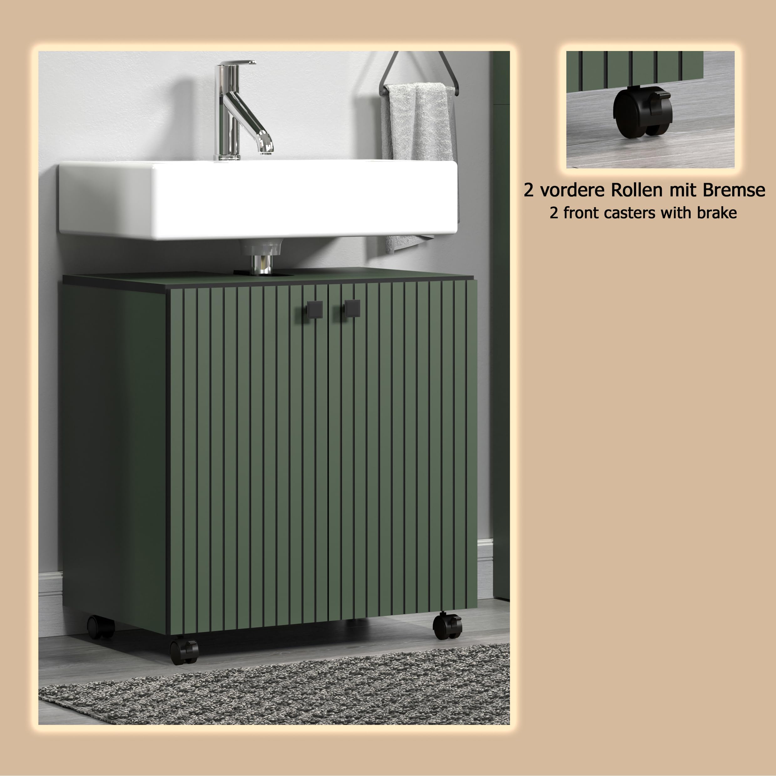 trendteam smart living - PureBliss – szafka pod umywalkę na kółkach – zielona – umywalka z półką wkładaną – (szer. x wys. x gł.) 60 x 64 x 42 cm – szafka łazienkowa o wyglądzie rowków – eleganckie