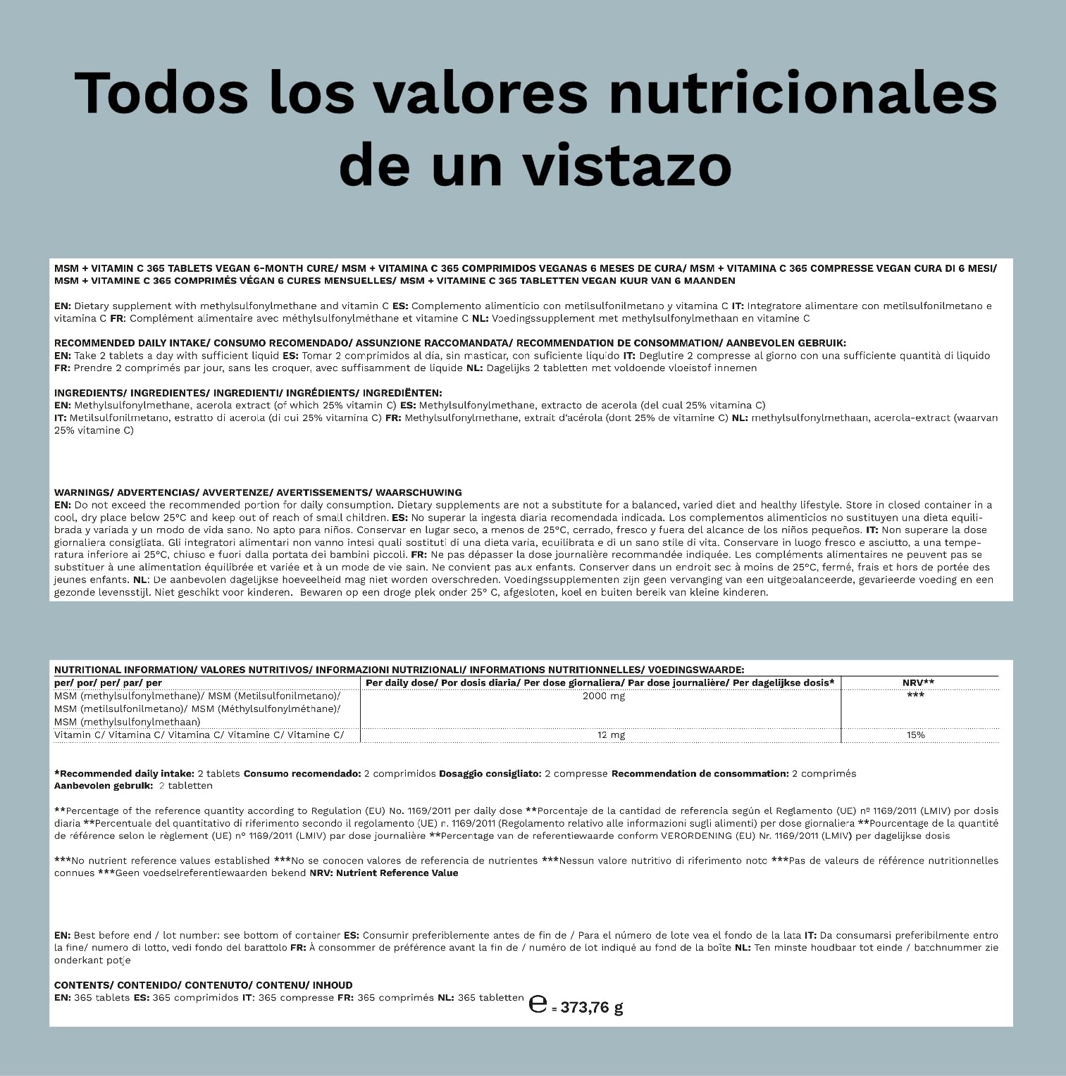 Balanced Vitality MSM + vitamina C – Reserva para un año 365 pastillas veganas – 2000 mg de metilsulfonilmetano + vitamina C natural (acerola) – Sin aditivos – Made in Germany