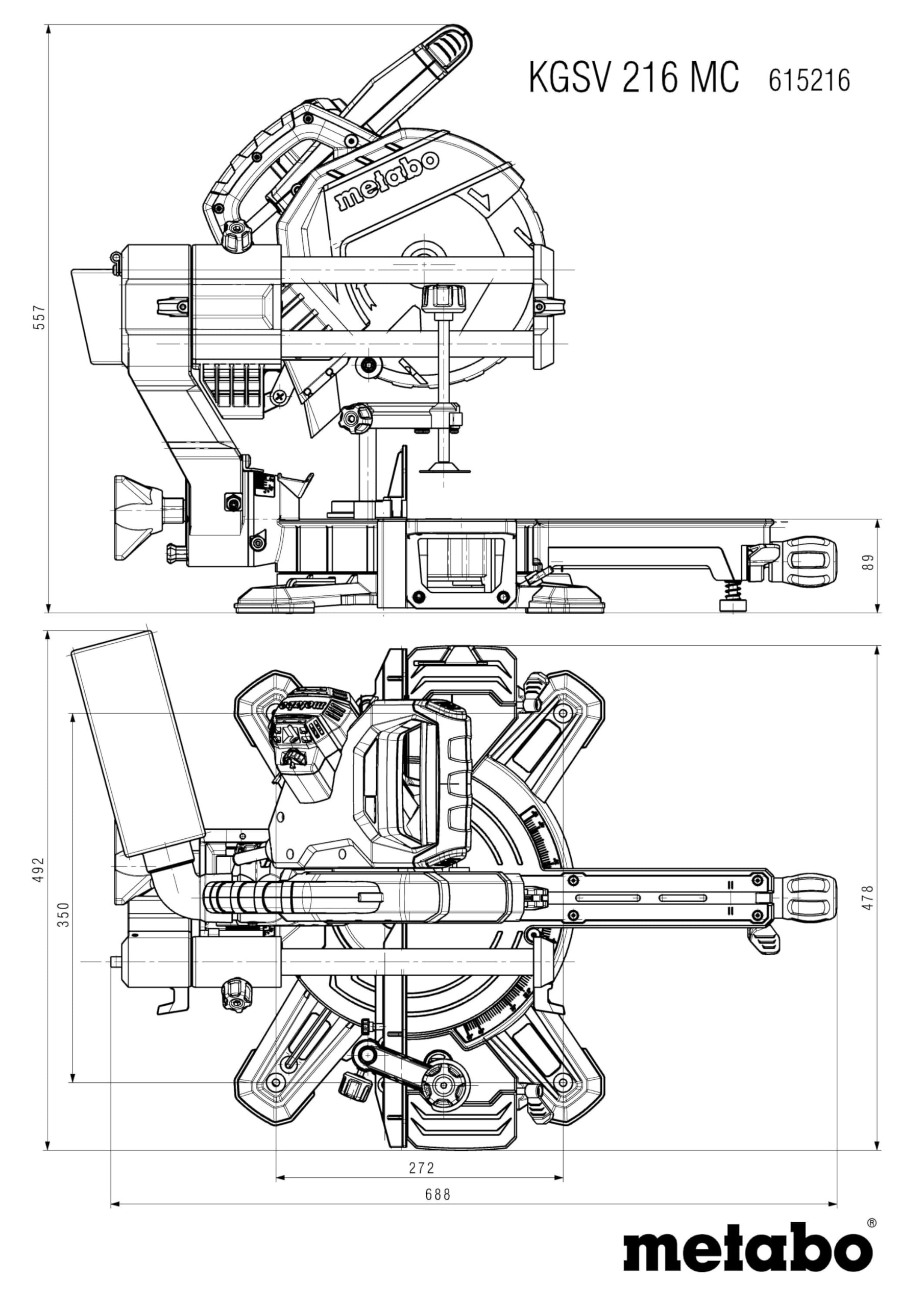 metabo Piła ukośna KGSV 216 MC – 1200 W, brzeszczot 216 mm – z funkcją ciągnącą – linia cięcia LED, zmienna prędkość obrotowa, możliwość pochylenia po obu stronach, kompaktowa, dokładne cięcie