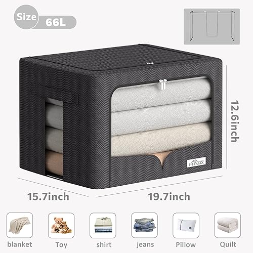 Miniatura 4 de 3 contenedores de almacenamiento de ropa con marco de metal, contenedores plegables de almacenamiento de tela con tapa, cremalleras de ventana