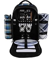 Vista 10 de Mochila para picnic Apollo Walker para 2 personas con compartimento enfriador, soporte desmontable para botellas/vino, manta de vellón, platos y Azul