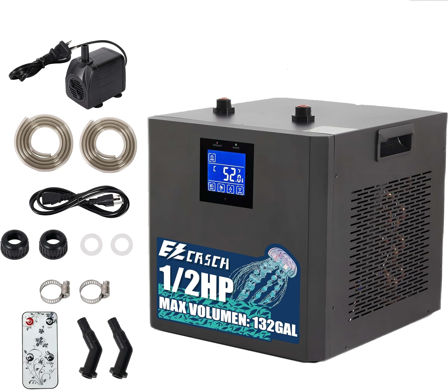 Aquarium Chiller, 132gal 1/2 HP Water Chiller for Hydroponic System Fish Tank Cooling System for Axolotl Cooler for Coral Reef Shrimp, 500L, with Pump, Nozzles and Hoops.