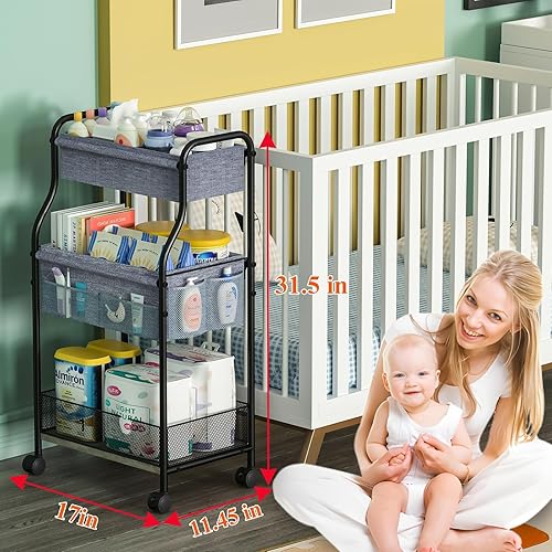Miniatura 2 de Organizador de pañales de bebé de 3 niveles y carrito de almacenamiento, carrito móvil de metal con ruedas giratorias para artículos esenciales de