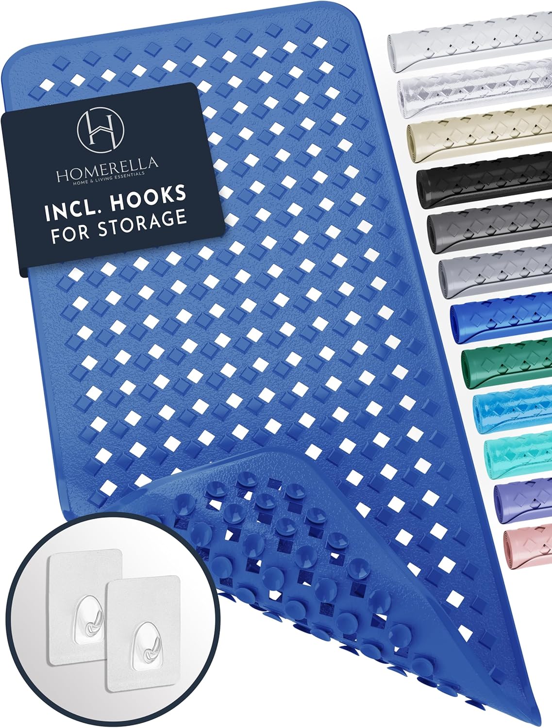 Homerella 1pc 34.5 x 15.5 inches Anti-Slip Bathtub Mat and 1pc 21 x 21 inches Non Slip Shower Mat, Machine Washable, INCL. Hooks for Hanging (Royal Blue)