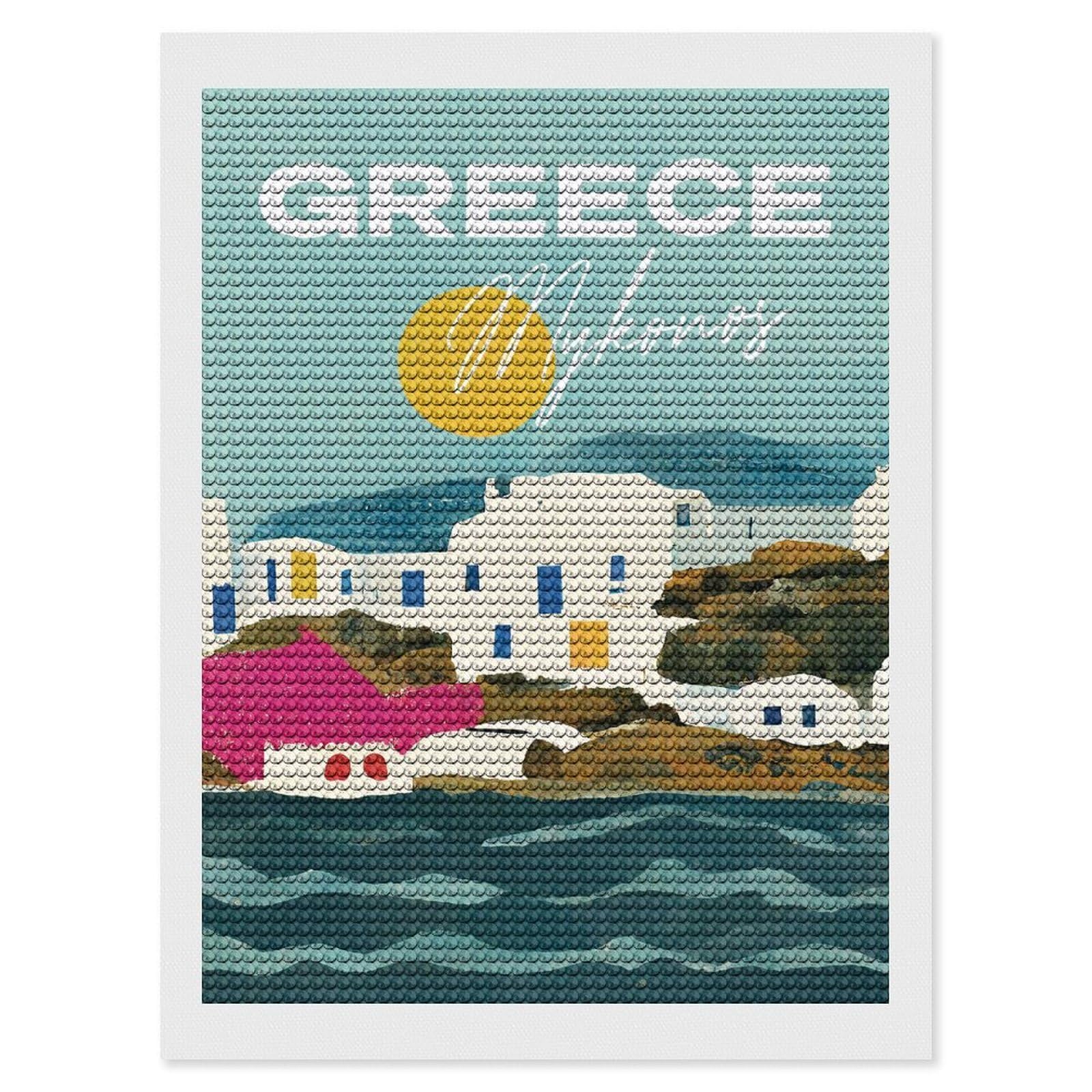 Junmoney Sun Over Mykonos Greece Diamond Art Canvas 12"x16", for Teens, Nice Detail and Sparkle, Farmhouse Decor, Festive Craft Gift, Easy to Enjoy