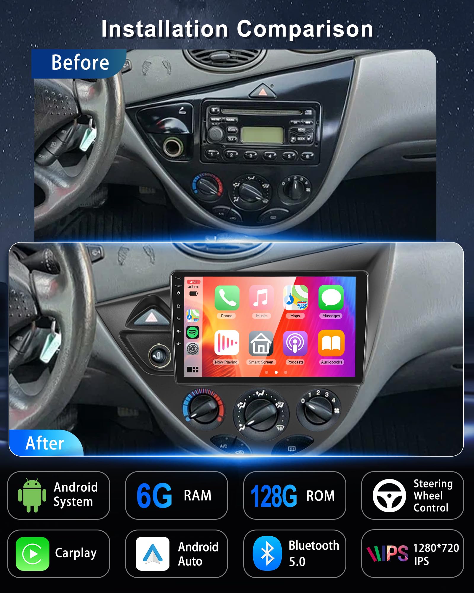 KYNNT 6G+128G CAR Radio for Ford Focus 1998-2006, Android Car Stereo for Camry Wireless CarPlay Android Auto, DSP-32EQ, GPS Navigation WiFi, Bluetooth 9'' Touch Screen FM Backup Camera MIC