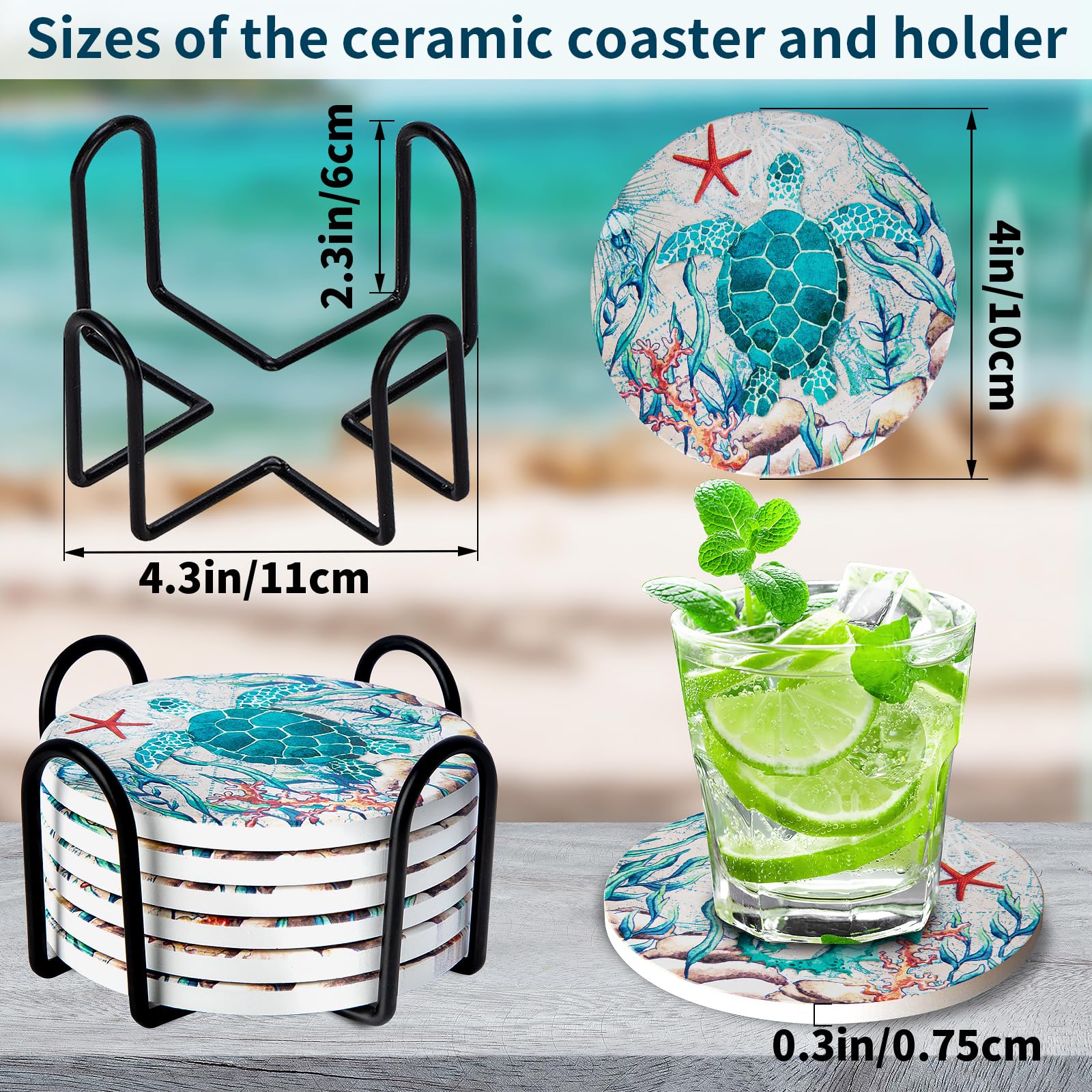 6 Keramik-Untersetzer Mit Korallen-Aquarell Design – 10,2 Cm, Mit Korkboden & Metallhalter