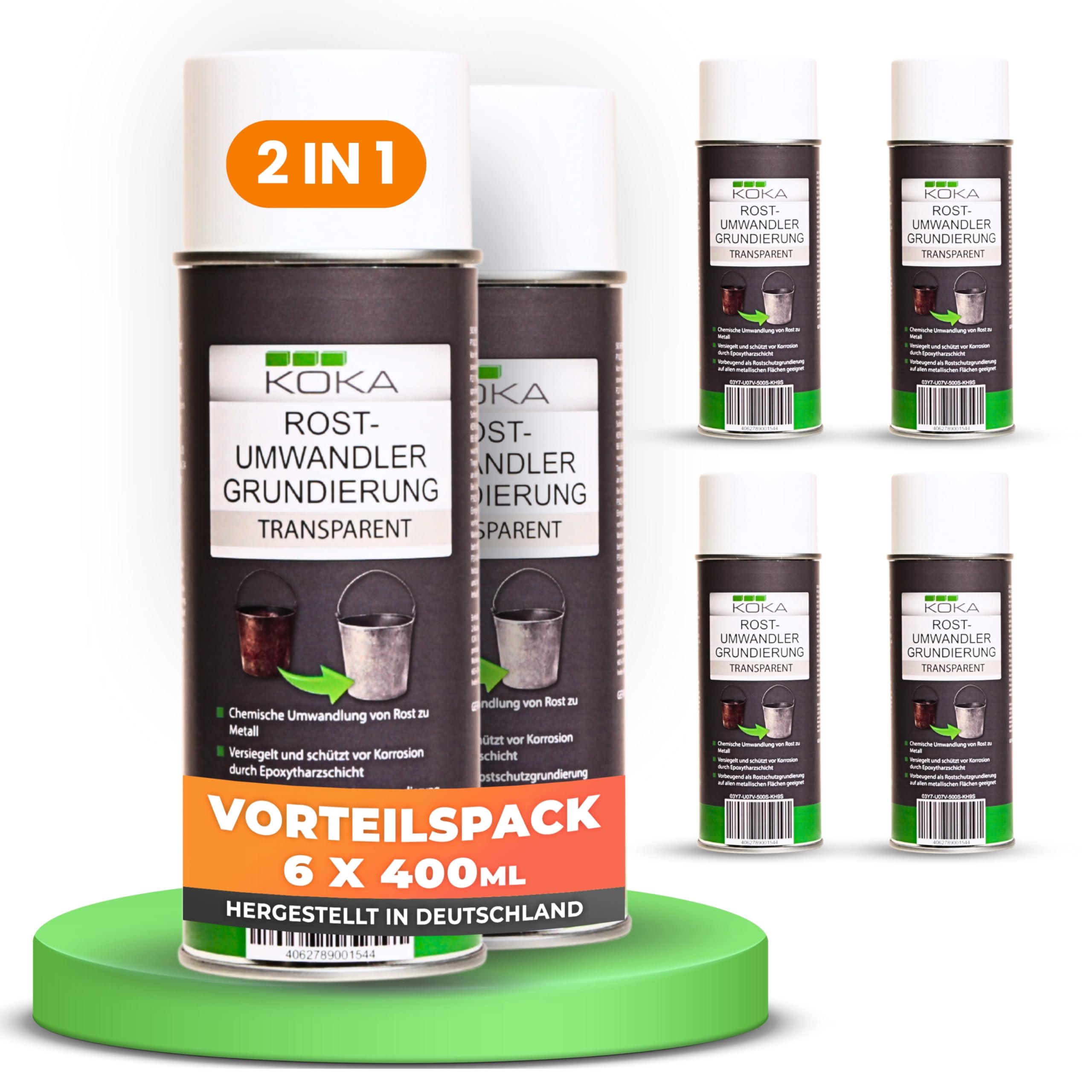 KOKA Rostumwandler Spray mit Grundierung 400ml 6er Set (6 x 400 ml) - Rostschutz Hitzebeständig für Auto & Metall | Roststopp für Karosserie, Auspuff, Unterboden | Lackierfähig & schnelltrocknend