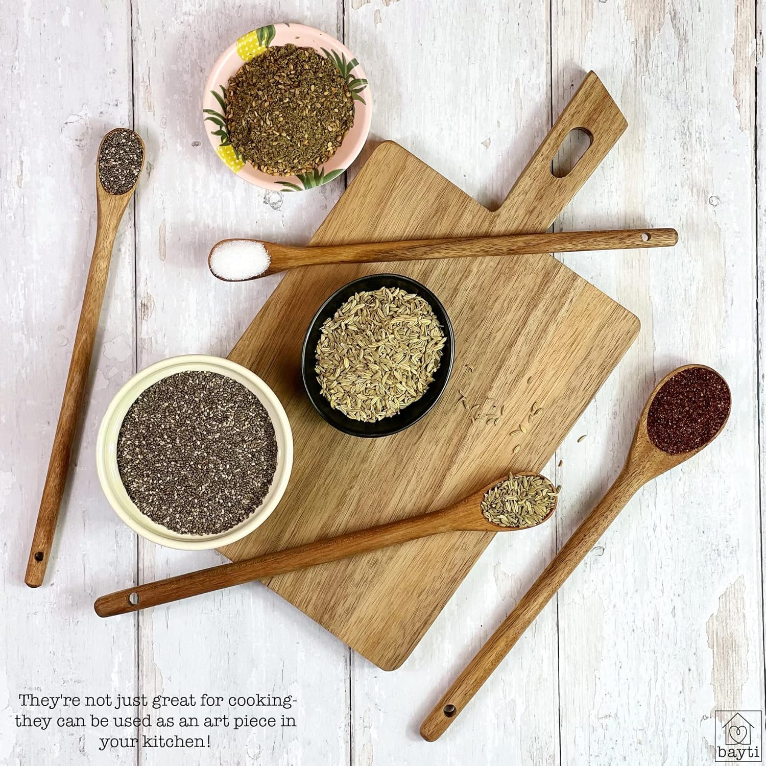 Juego de 4 cucharas medidoras de madera de acacia de mango largo, 100% natural de grado alimenticio