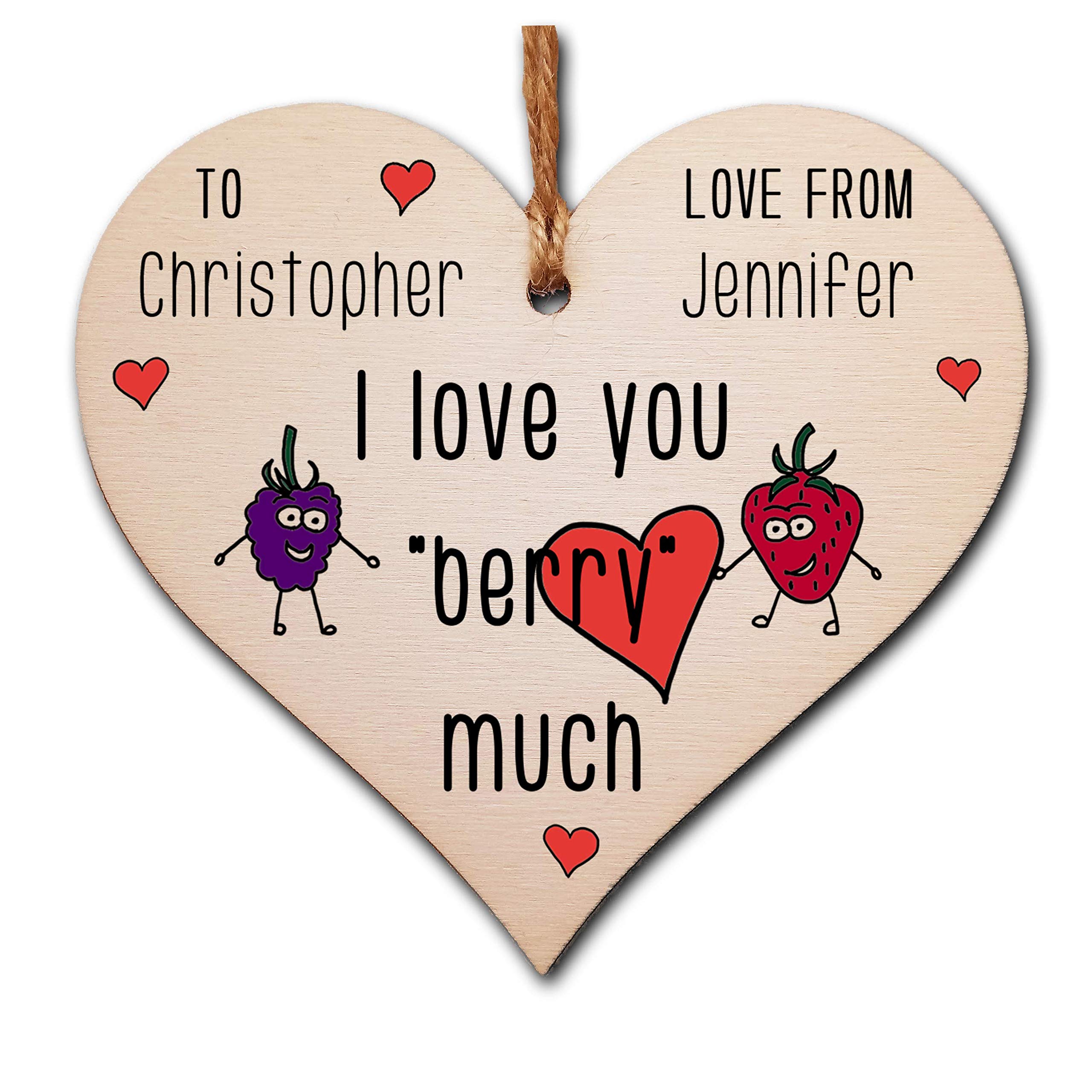Personalised Handmade Wooden Hanging Heart Plaque Valentine's Gift I Love You Berry Much word play novelty gift for someone special boyfriend girlfriend husband wife funny romantic keepsake
