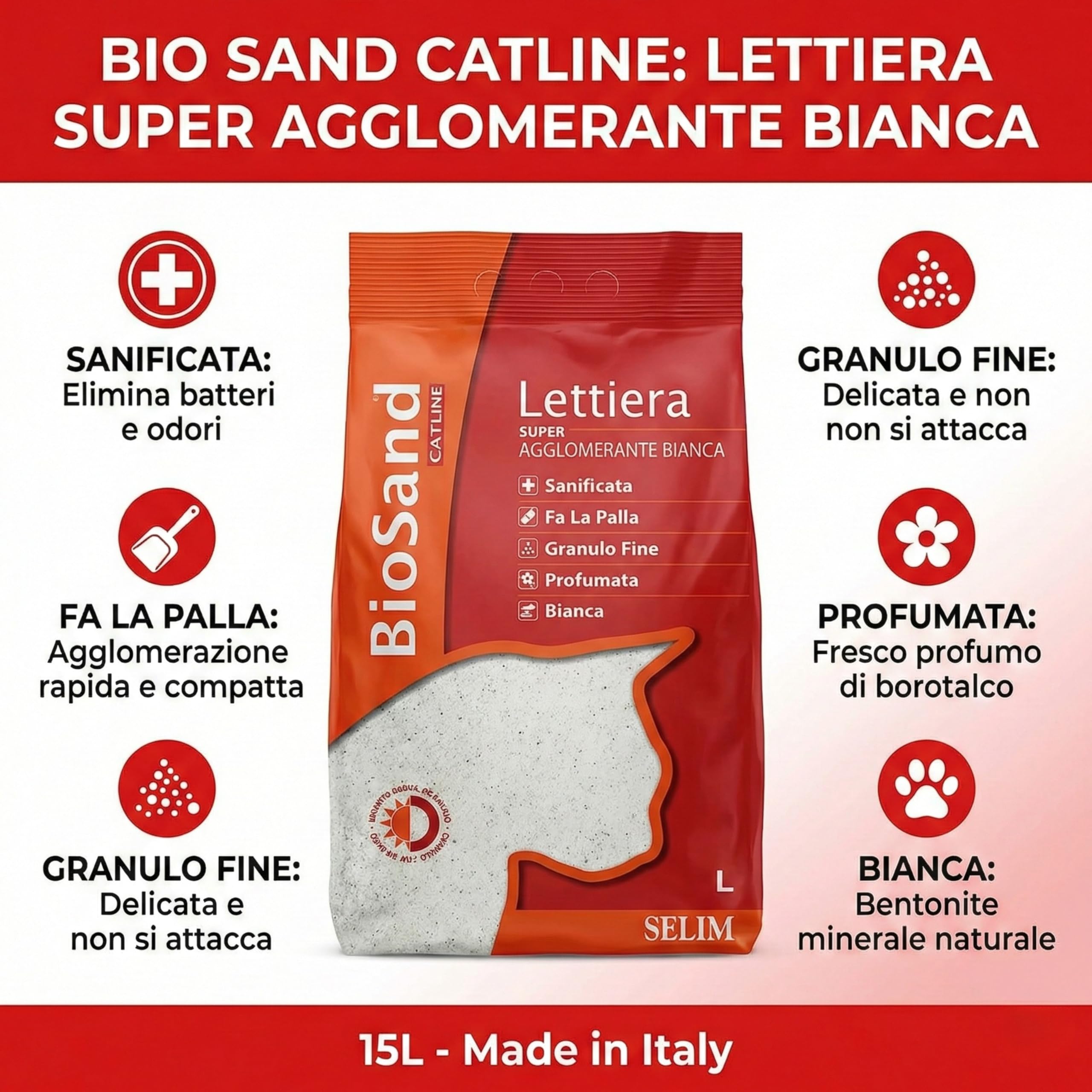 OFFERTA 2 Confezioni BioSand Lettiera Gatto Super Agglomerante Bianca - 15L - Sabbia Bentonite Naturale Sanificata e Profumata al Talco - Granulo Fine, Massima Igiene e Controllo Odori.