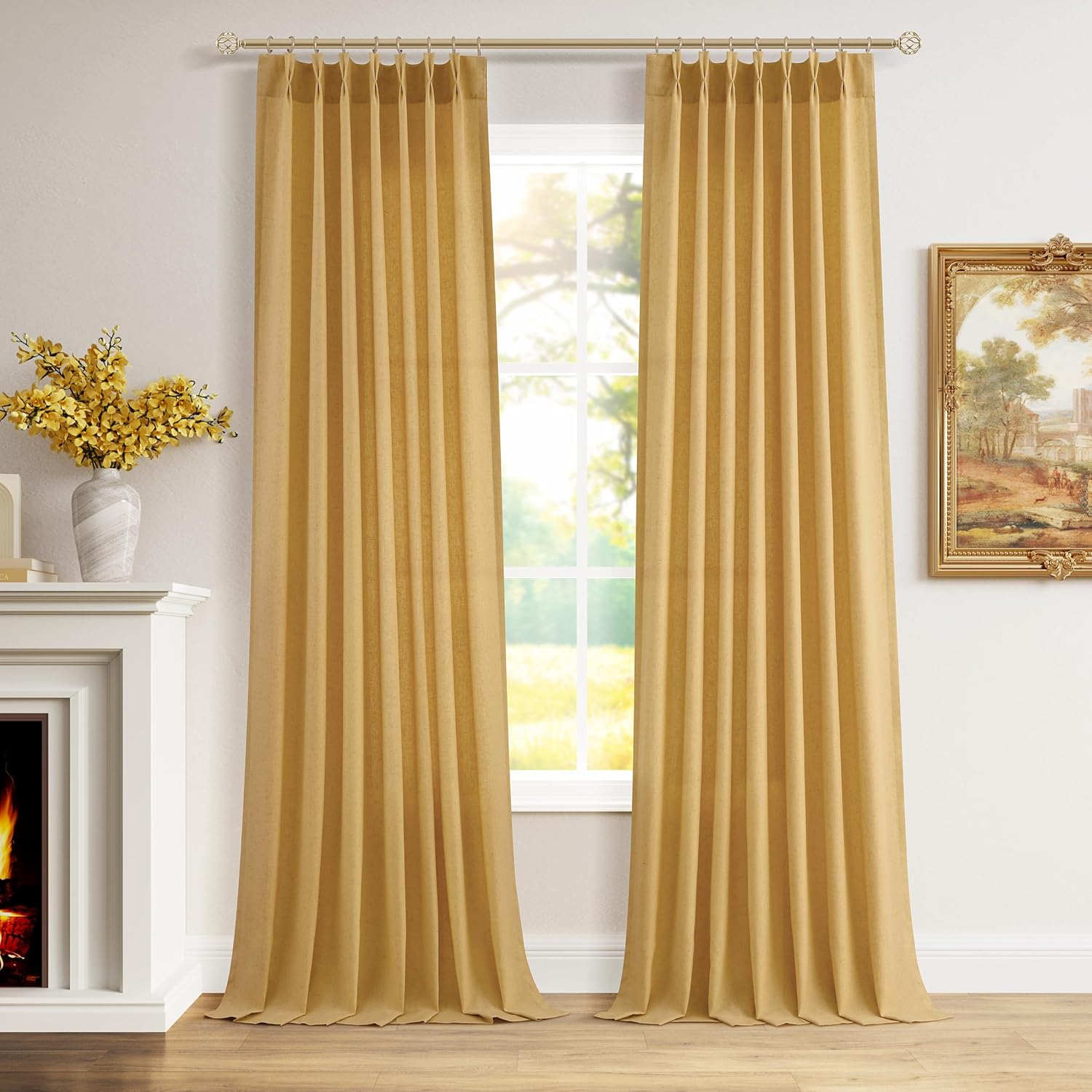 Gold Yellow Pinch Pleated Linen Curtains 102 Inch Length 2 Panels for Living Room Bedroom Semi Sheer Window Curtain Boho Neutral Back Tab Pinch Pleat Drape with Hooks 40x102 Gold Yellow 40"W x 102"L (Pack of 2)