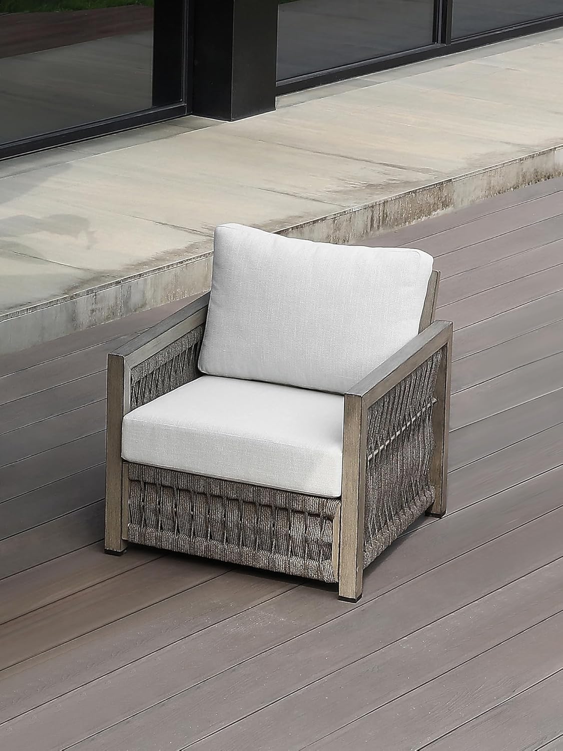 Patio Sofa Chair, Never Rusts Aluminum Outdoor Armchair with Washable Cushions, Rope Weave Outdoor Sofa Chair Patio Sofa Armchair, Deep Seating Patio Furniture for Garden, Porch, Gray Oak