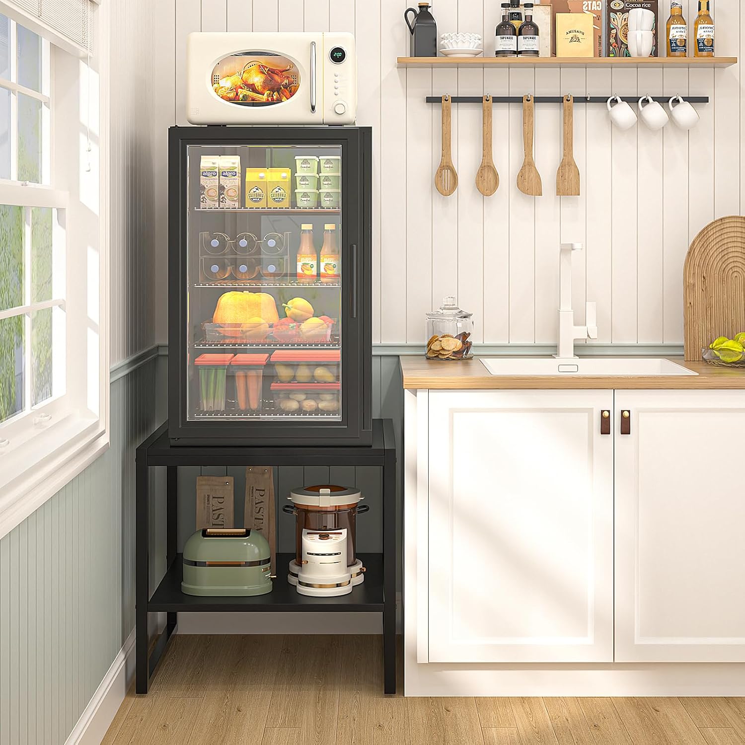 Homieasy End Table, 20 Inch Square End Table, Mini Fridge Stand with 2-Tier Storage Shelves, Industrial Wood Side Table Small Table Stand for Living Room, Bedroom, Office, Black