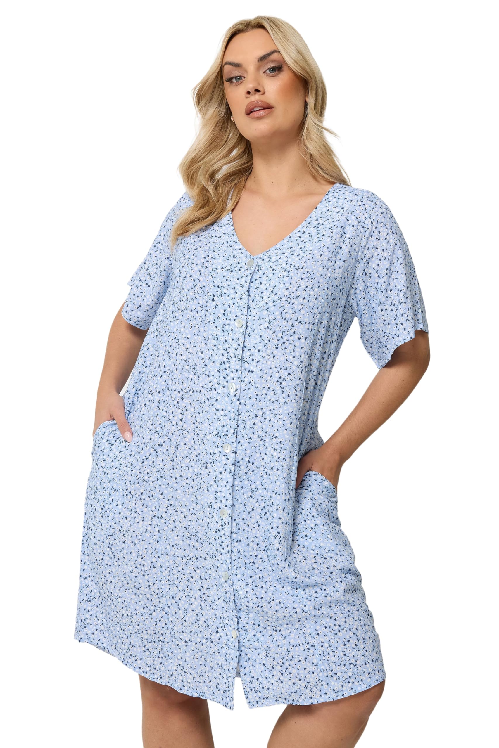 Yours Women's Pale Blue Floral Button Through Tunic Dress In | Size: 16