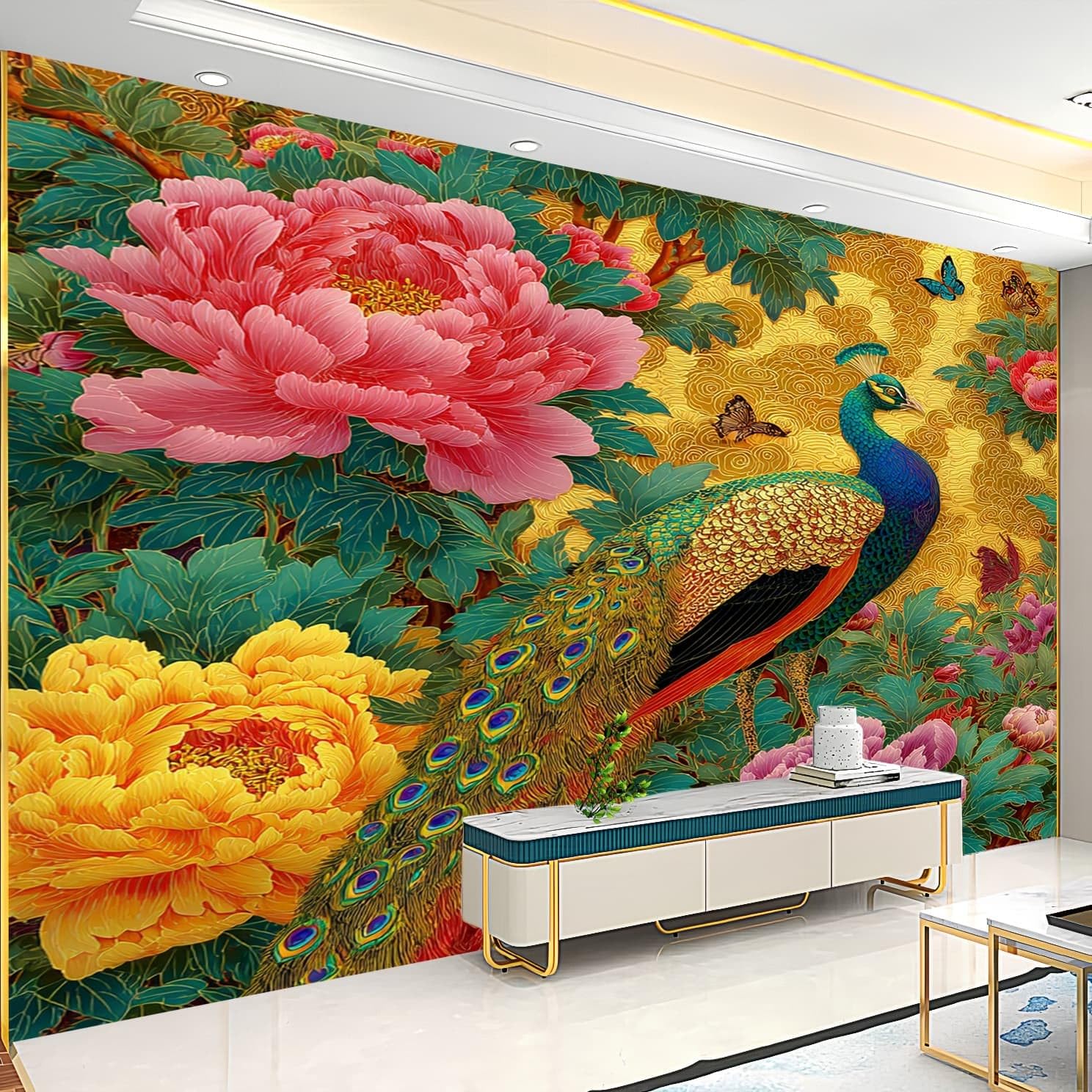 Grandi Murali Poster Lussuosi Fiori di Pavone Carta da Parati Tessuto Non Tessuto 250x175 cm Oro Carta da Poster Panoramica, Fotomurale Decorativo per Pareti Interne