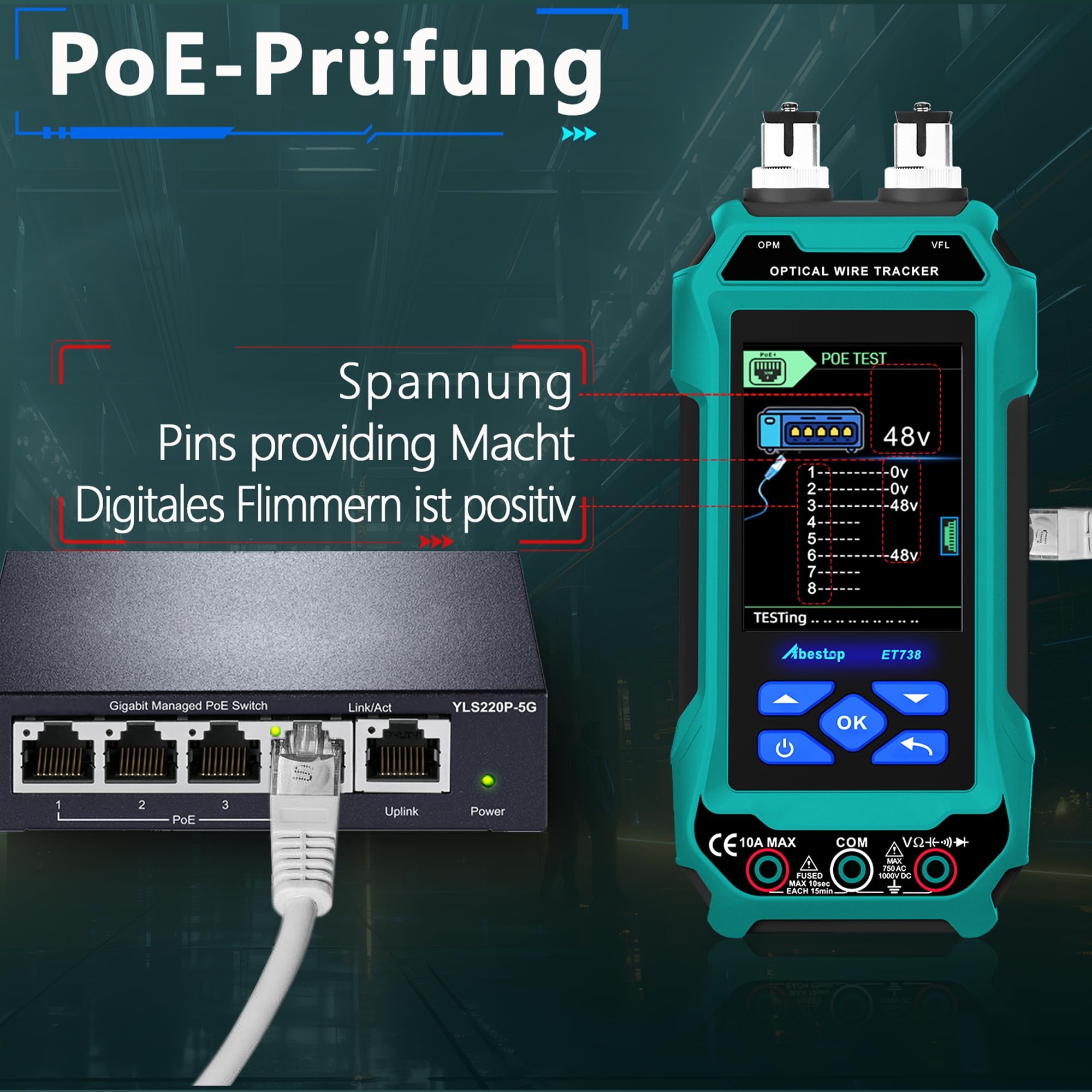 ET738 Netzwerk Kabeltester mit Digital Multimeter Mehrere Funktionen PoE Funktion Optische Kabel Meter Tracer Kabellängenmessung