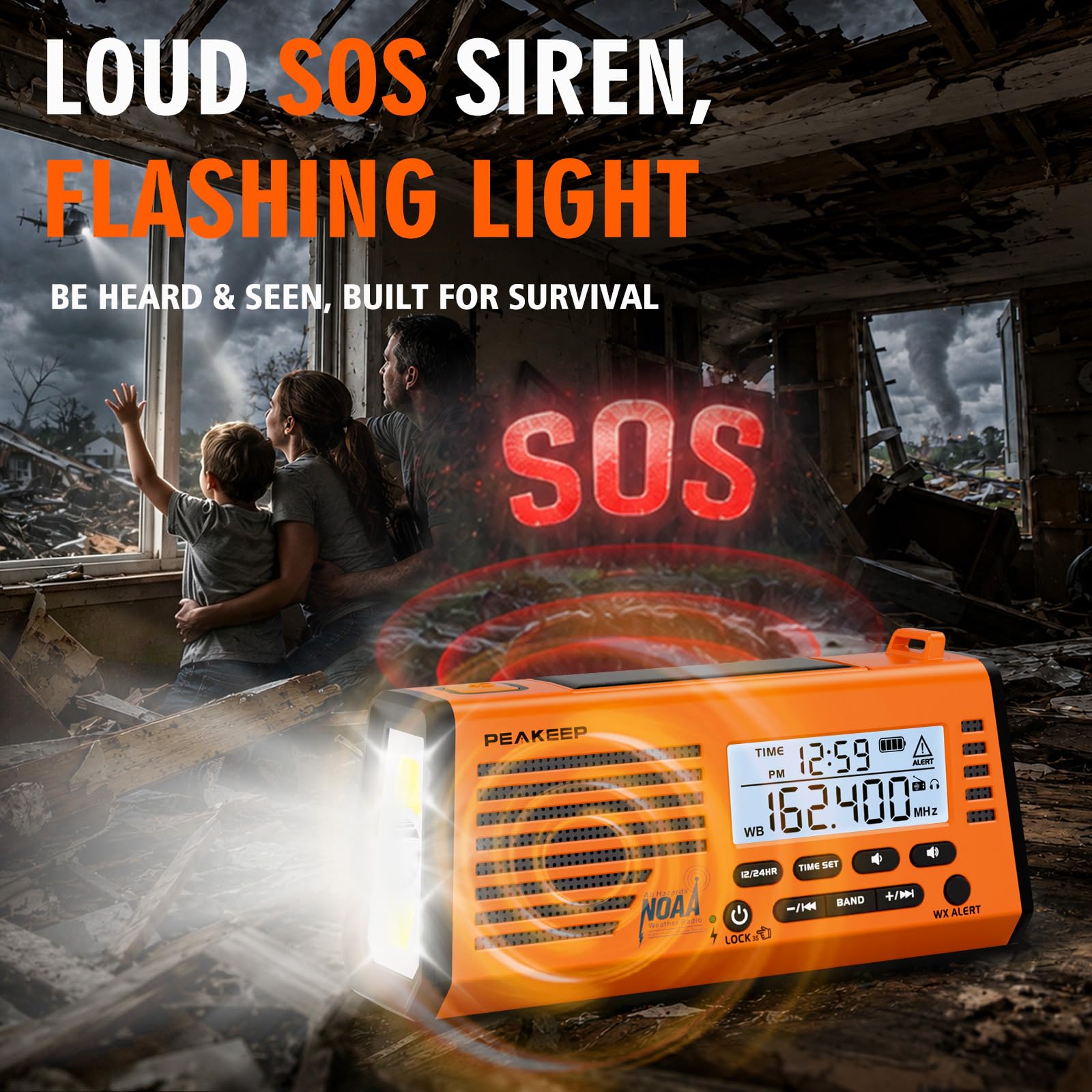 Peakeep NOAA Radio météo d'urgence à manivelle à énergie solaire – Batterie rechargeable de 18500 mWh, radio AM/FM/SW, lampe de poche SOS sirène pour la maison, la voiture, le camping, les tempêtes