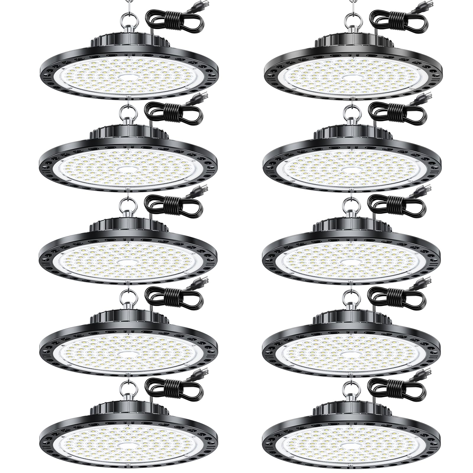UFO LED High Bay Light - 10PACK 100W 15000LM High Bay LED Light with IP65 Waterproof and US Plug 6.5ft Cord, 7000k Daylight High Bay LED Shop Lights for Construction Site, Warehouse, Factory, Yard