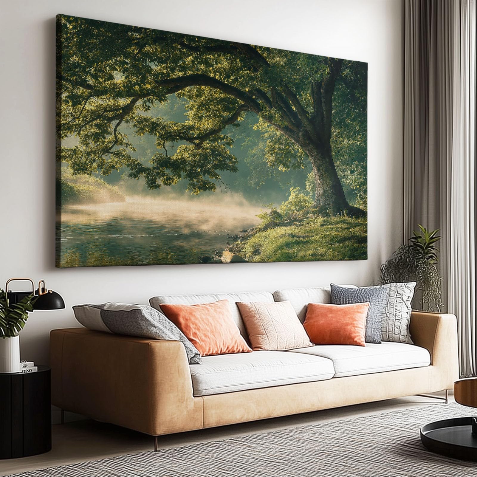 Generisch Natürlich Nebelwald Bäume Berge Modernes Leinwandbild 120L x 80B cm mit Rahmen, Landschaft XXL Wanddeko für Wohnzimmer Geschenk Idee Einzug - Hochwertiger Kunstdruck auf Holzrahmen