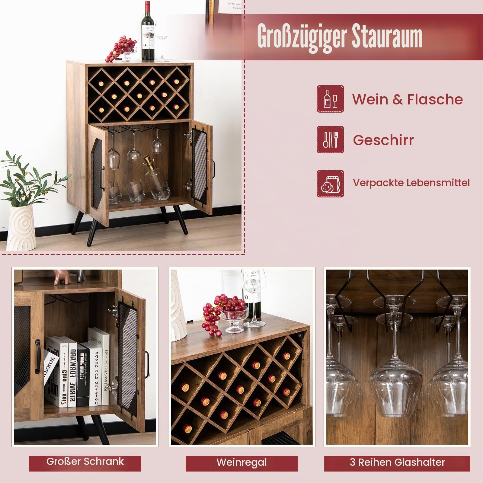 KOMFOTTEU Weinschrank für Küche, Buffetschrank mit herausnehmbarem Flaschenregal und Getränkehalter, Sideboard mit 2 Netztüren und Kippvorrichtung, Wein Schrank für Esszimmer, Wohnzimmer