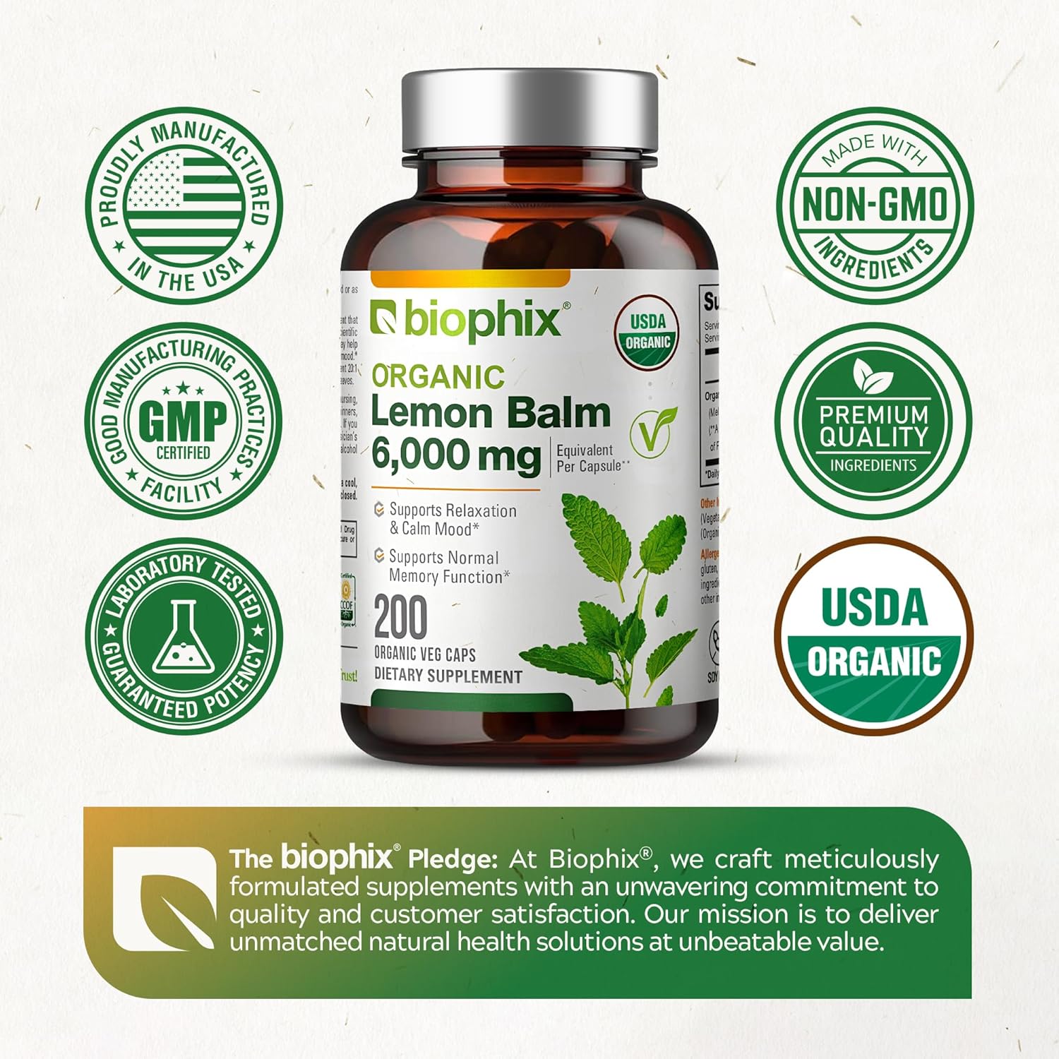 biophix Lemon Balm Capsules USDA Organic 20:1 Extract 300 mg 200 Veggie Caps - Cognitive Health Stress Sleep Mood Support Natural Herbal Supplement - Image 7