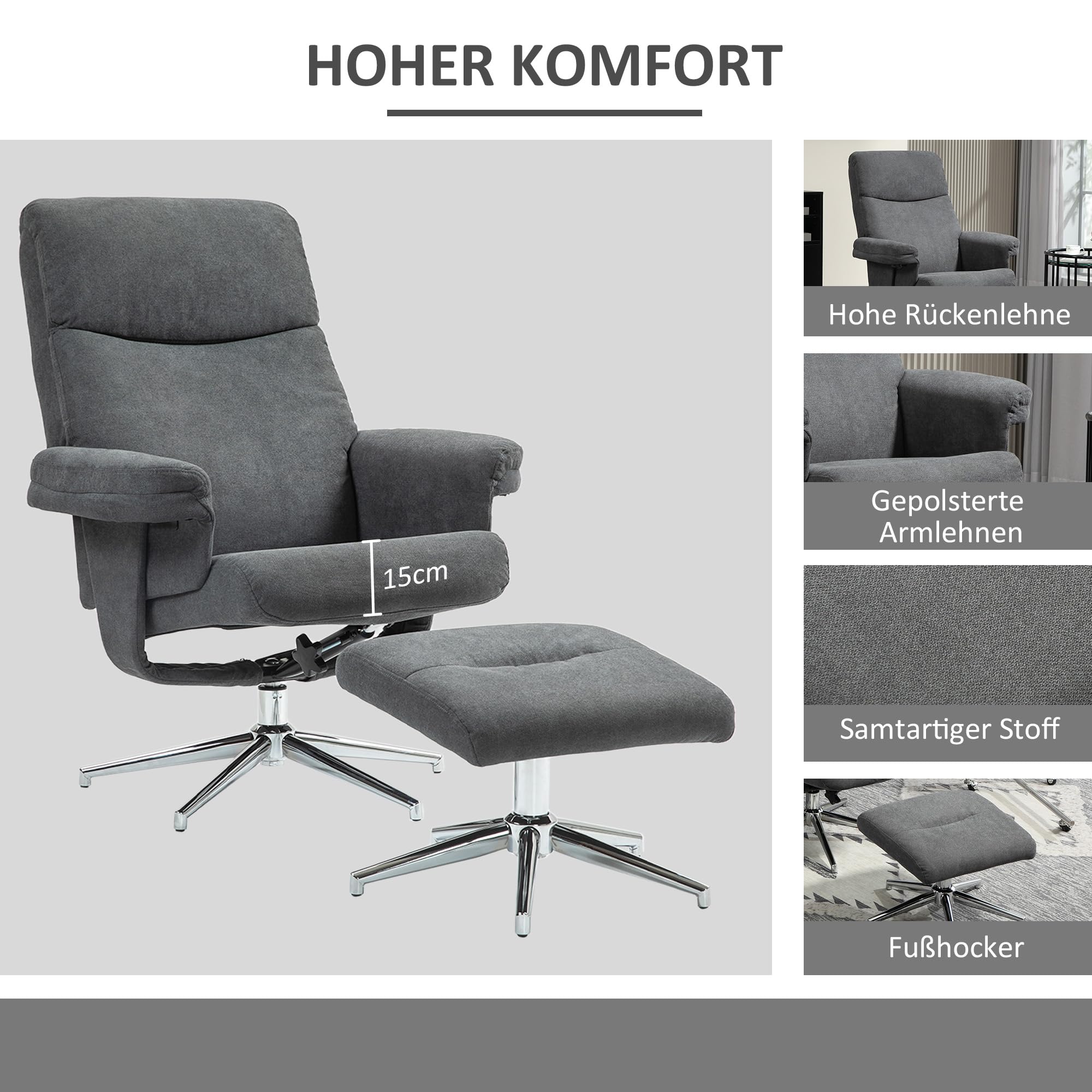 HOMCOM Relaxsessel mit Hocker Fernsehsessel mit Liegefunktion Dunkelgrau